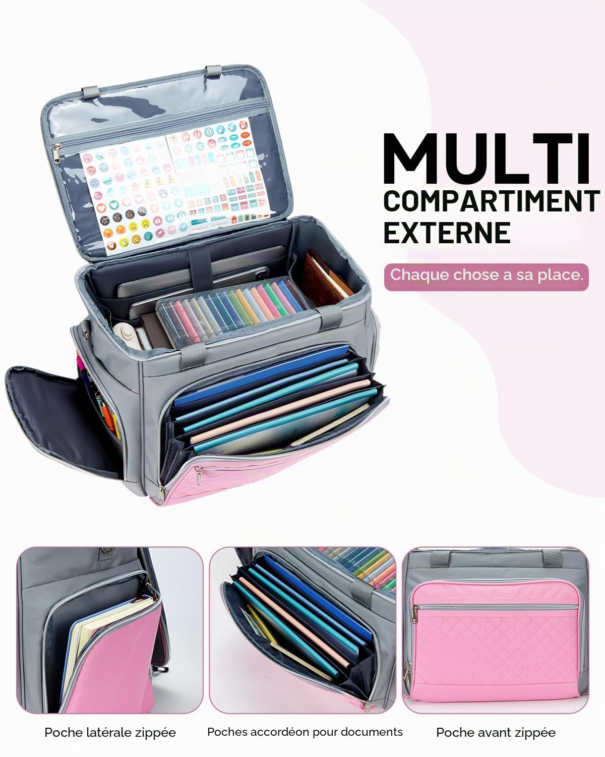 Amythe Sac à roulettes pour Professeur à 5 Roues avec Organiseur de Fichiers en Accordéon, Sac de Rangement Trolley pour Ordinateur Portable 15.6", Gris