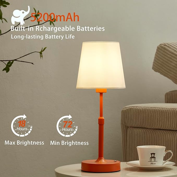 butastur Cordless Table Lamp, 5200mAh Rechargeable Battery Operated Lamp, Small Touch Lamps for Nightstand with Stepless Dimming, Portable Battery Powered Table Lamps for Living Room, Bedroom (Orange) photo 3