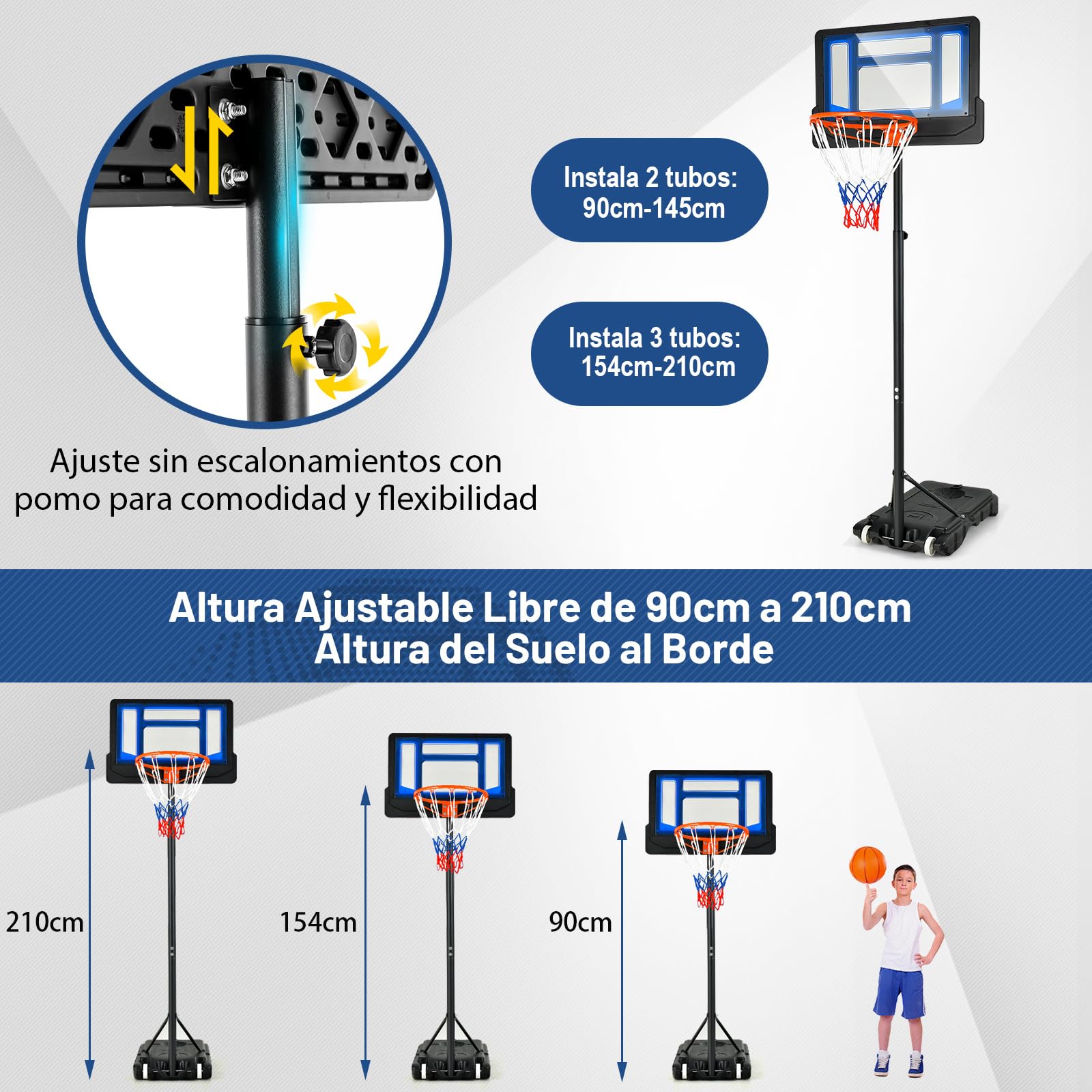 COSTWAY Canasta Baloncesto Exterior, Altura Ajustable 90-210 cm, Canasta Baloncesto Infantil, Rellenable de Arena y Agua, Movíl con Ruedas, Niños y Adultos
