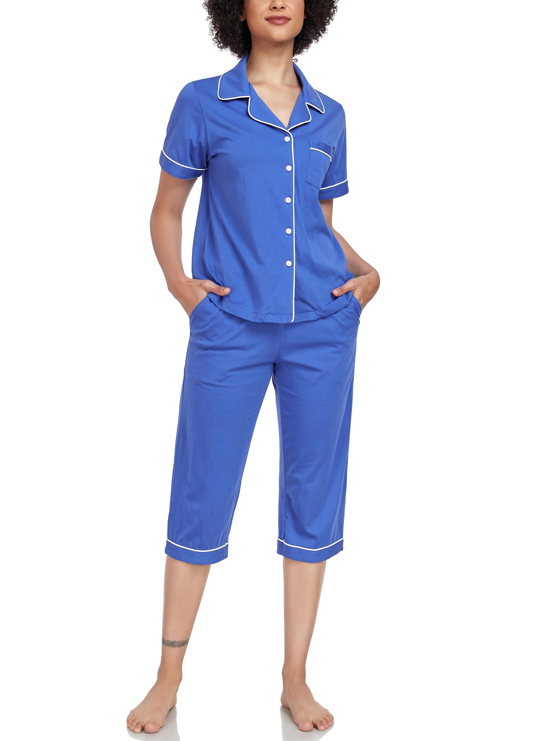 EA'S SECRET 100% Baumwolle Schlafanzug Damen Kurzarm-Oberteil 3/4 Hose Pyjama-Set V-Ausschnitt Knopfleiste Sommer S-XXL