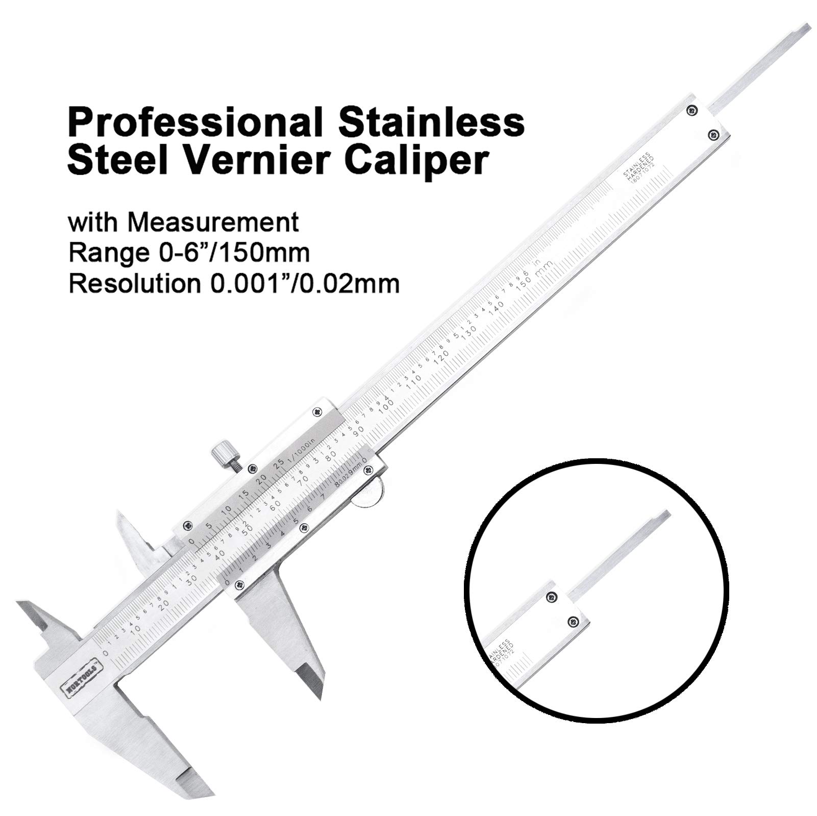 Pied à coulisse professionnel en acier inoxydable 6 pouces/150 mm pour mesures intérieures, extérieures, de profondeur et de palier, haute précision 0,001 pouce/0,02 mm, micromètre durable