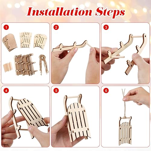 Miniatura 4 de STOBOK 9 piezas de decoración navideña de trineo de madera, mini adornos de trineo de madera rústica, decoración navideña, encantadores carritos de