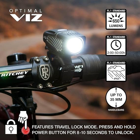NiteRider Lumina Micro 650 + Vmax+ 150 Combo Bike Light Set USB Rechargeable LED Bicycle Light Set Front and Rear Combo IP64 Water Resistant Mountain Road City Commuting Cycling Compact Safety Flash