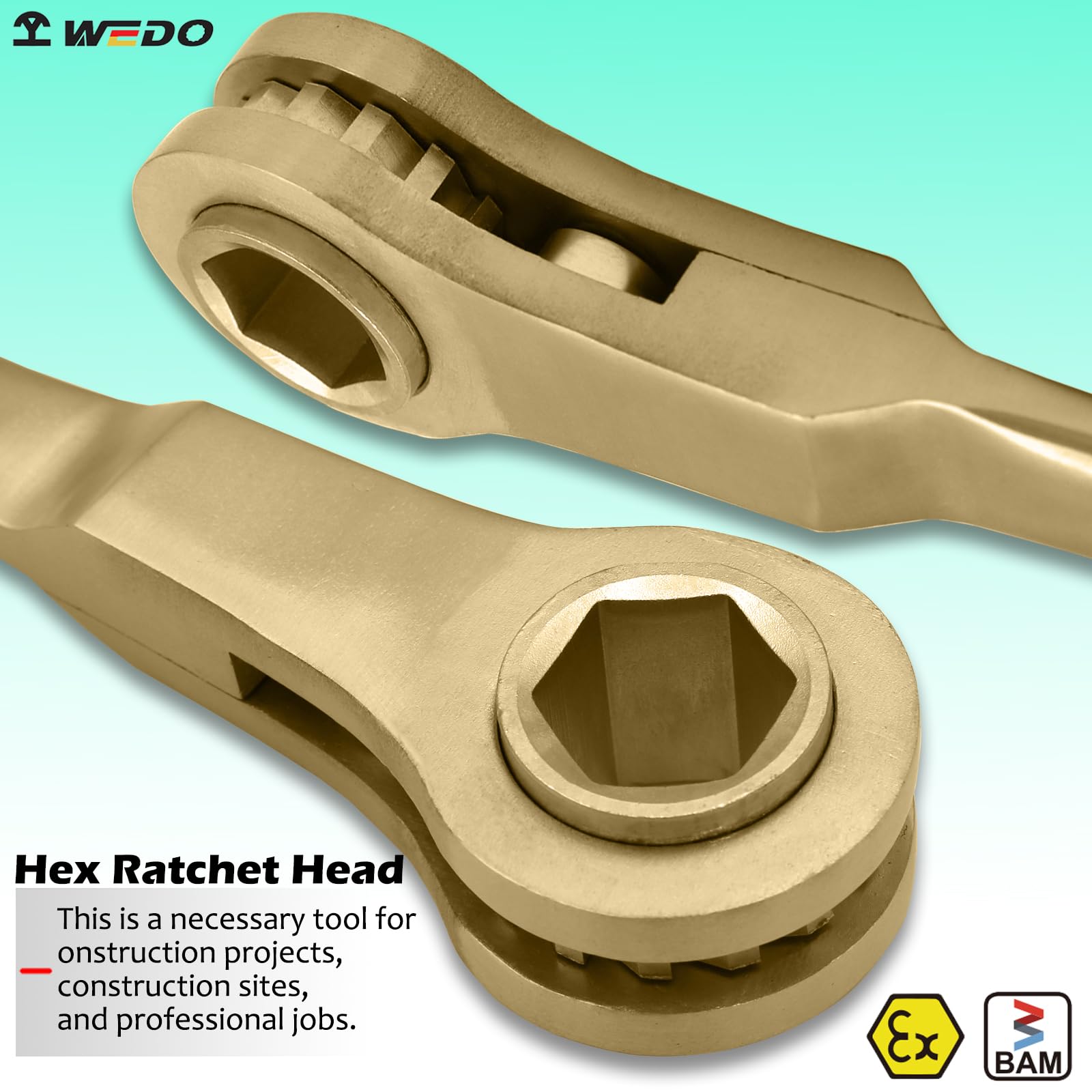 WEDO Nieiskrzący klucz z grzechotką o dużej wytrzymałości, iskrzący 6-punktowy klucz końcowy, metryczny 22 mm, długość 260 mm, spiczasty płaski uchwyt, aluminiowy brąz, odporność na korozję, standard