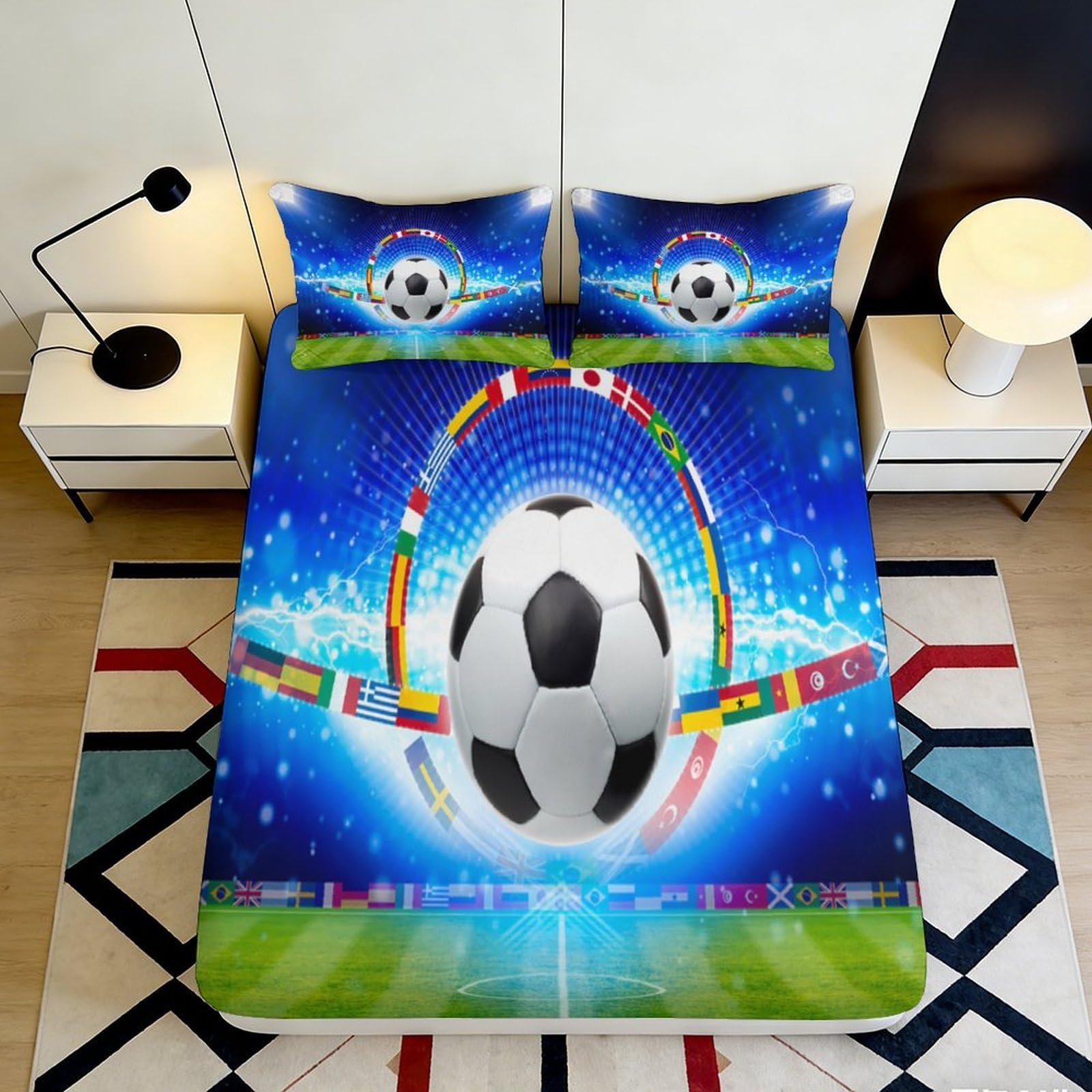 3D Printed Football Stadium Fitted Sheet Microfiber Vibrant Soccer Bed Cover for Bedroom Guest Room Decor 90x200x25cm