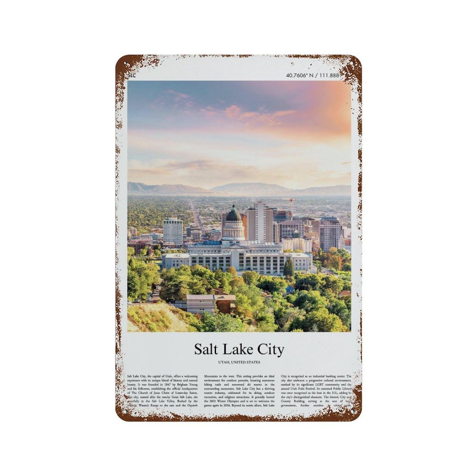 xiaoxiaoshen Salt Lake City Utah, United States, USA City Scenery Wall Decor Art Metal Tin Poster Modern Home Decor Art Home Bar Shop Decorations Vintage Sign 30x20cm