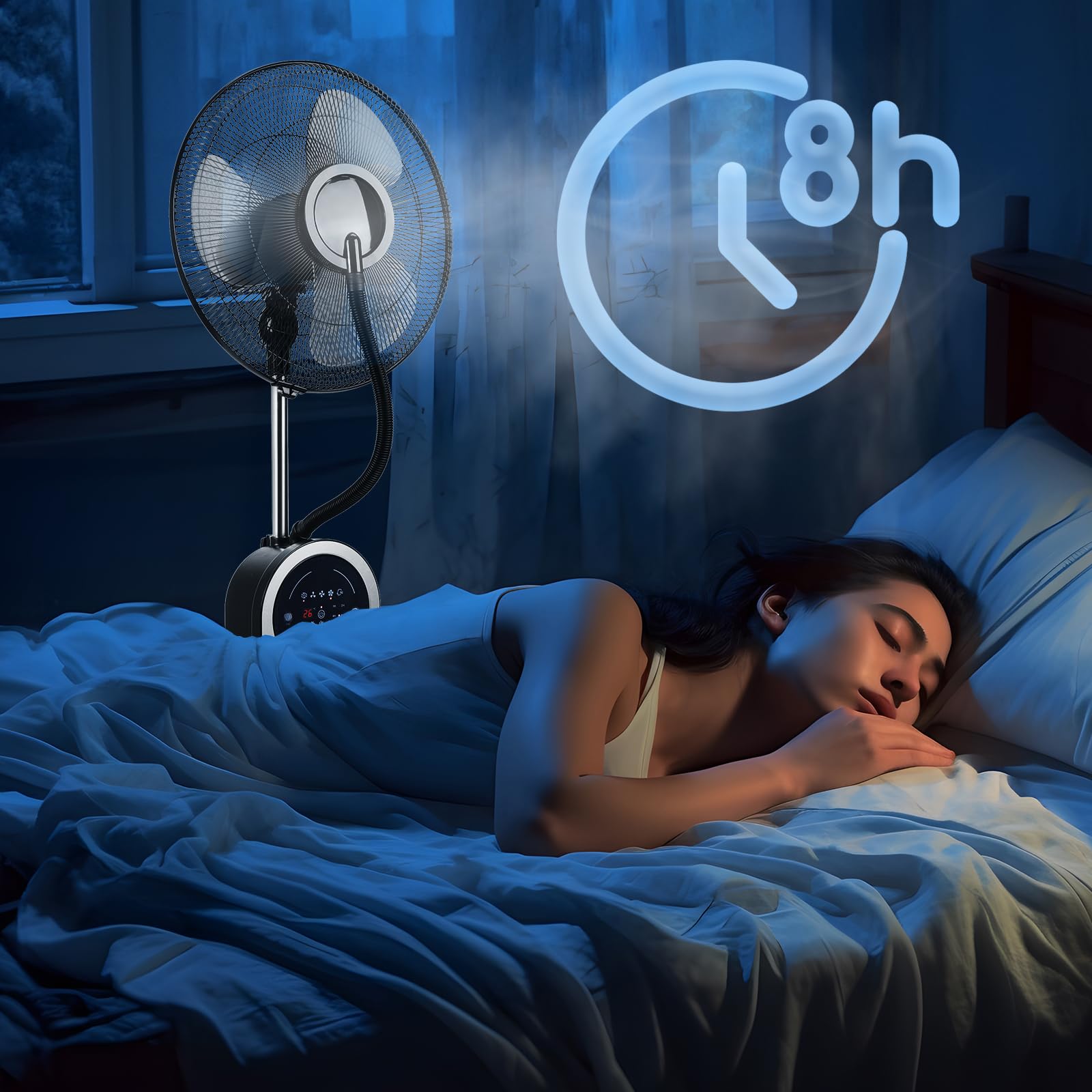 Aigostar Ventilateur Brumisateur sur Pied Puissant et Silencieux, 95W, Oscillation 80°, Ioniseur & Brume Ultrasonique, Réservoir 1.8L, 3 Modes, Minuterie 8H, Télécommande, Écran LED - Forest Mist