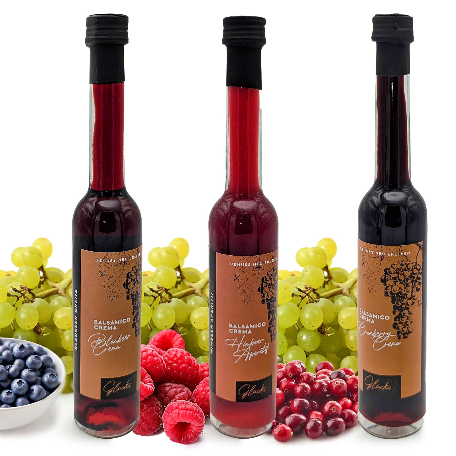 Glücks Momente Berry Mix 3er Set je 100ml - Blaubeer Crema, Cranberry Crema, Himbeer Aperitif - Balsamico Crema Frucht Essigzubereitung mit 3% Säure