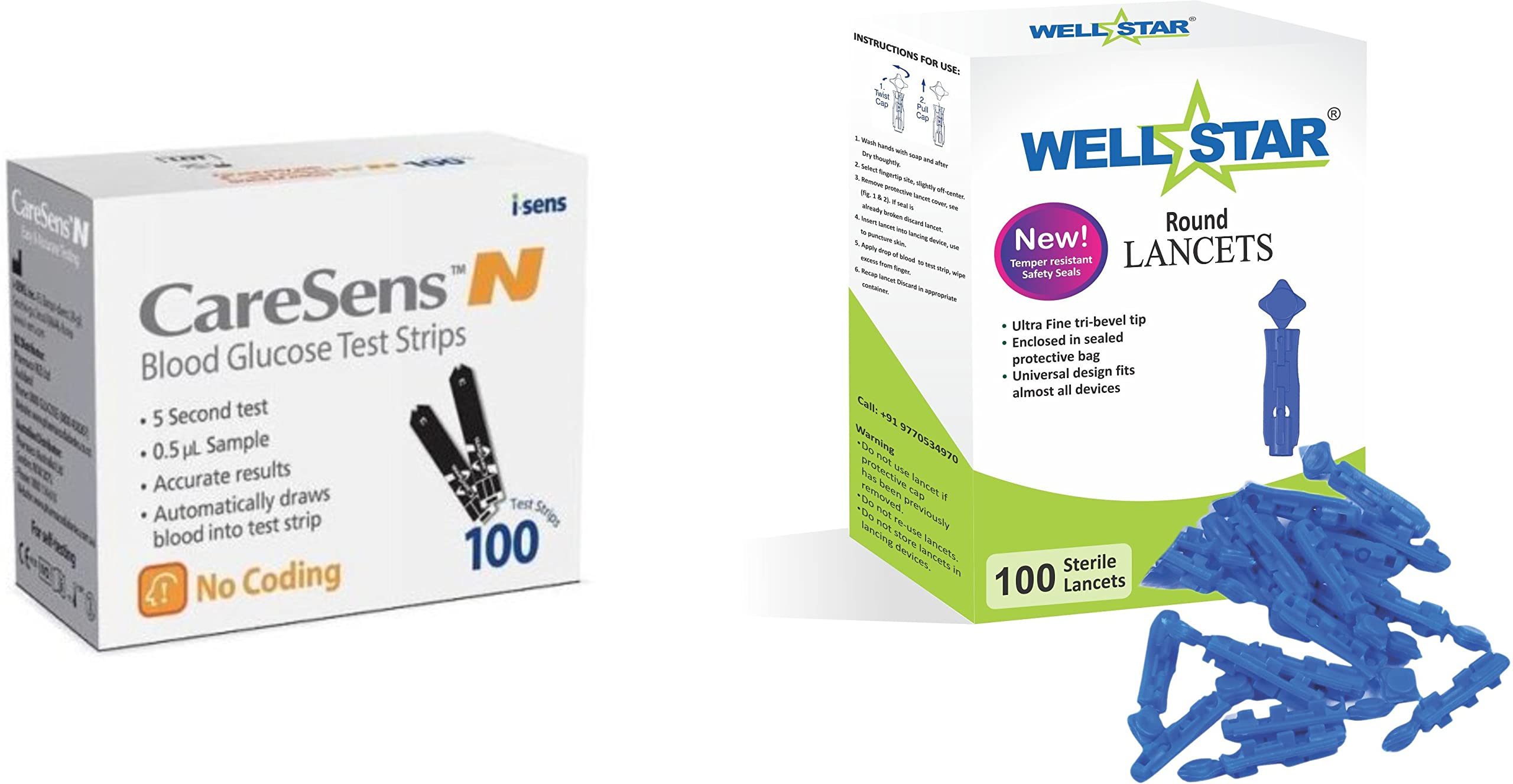Wellstar aCARSENS N 100 Test Strips With ROUND Glucometer Lancets (100) Glucometer Lancets (100)-image-35