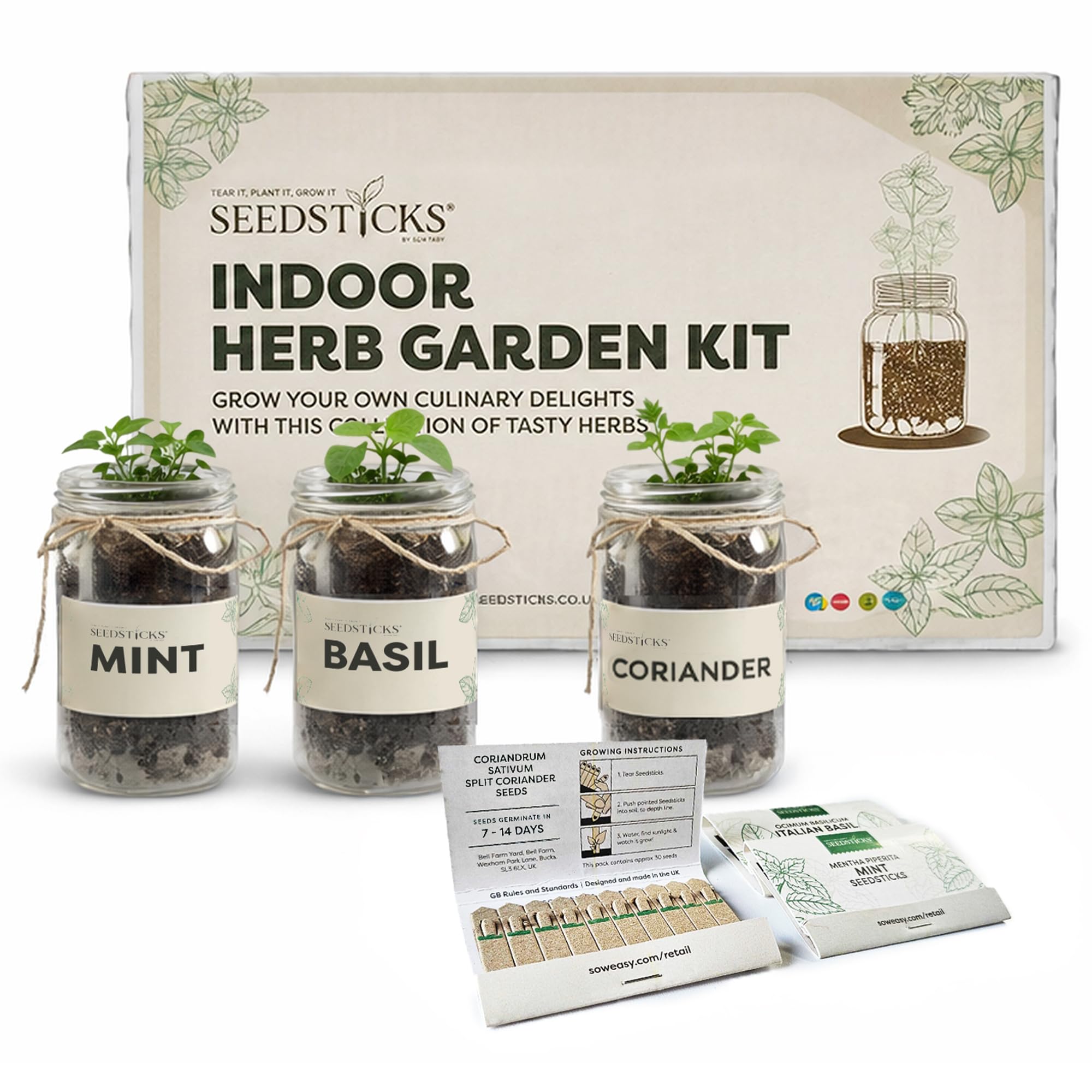 Seedsticks Indoor Herb Garden Kit - Grow Your Own Basil, Mint & Coriander - Kitchen Herb Growing Kit with 3 Glass Jars Soil Pellets & Seedsticks - Easy Indoor Herb Planter Gift