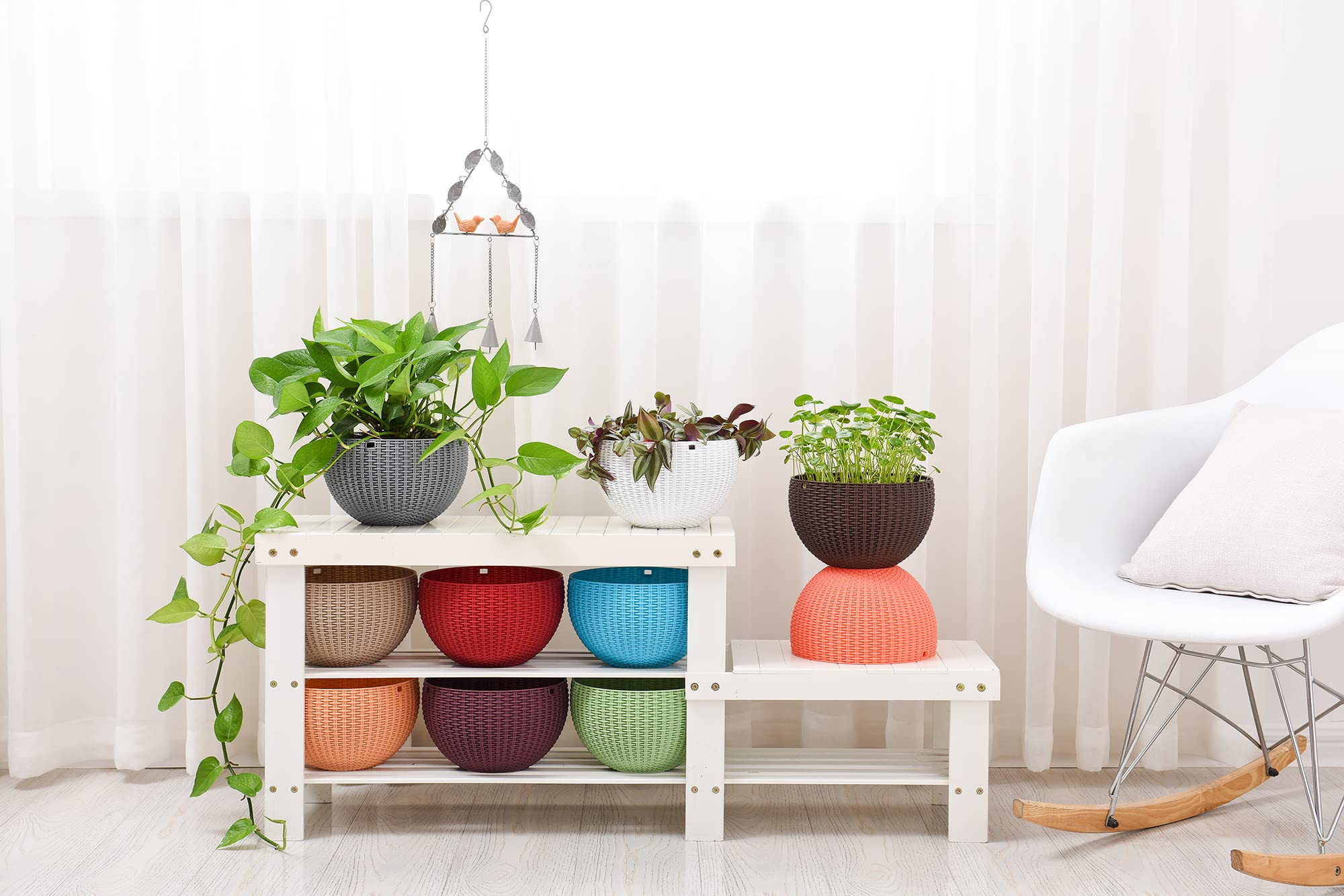 Pot de fleurs à suspendre en rotin plastique rond Résine Jardin Pot de fleurs à suspendre pour plantes d'intérieur ou extérieur, Lot de 2 Blanc blanc