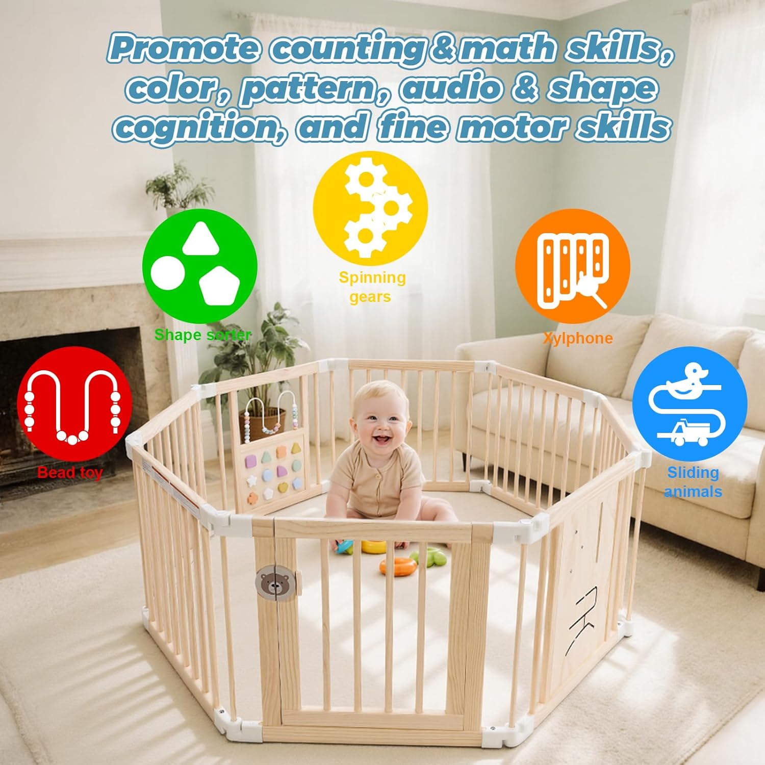 Foldable Wooden Baby Playpen with Mat,Thickened Wood Adjustable Play Yard & Activity Center with Gate + 2 Busy Board - Easy to Assemble, Birthday Gift for Toddlers (56 * 56 * 25 Inch)