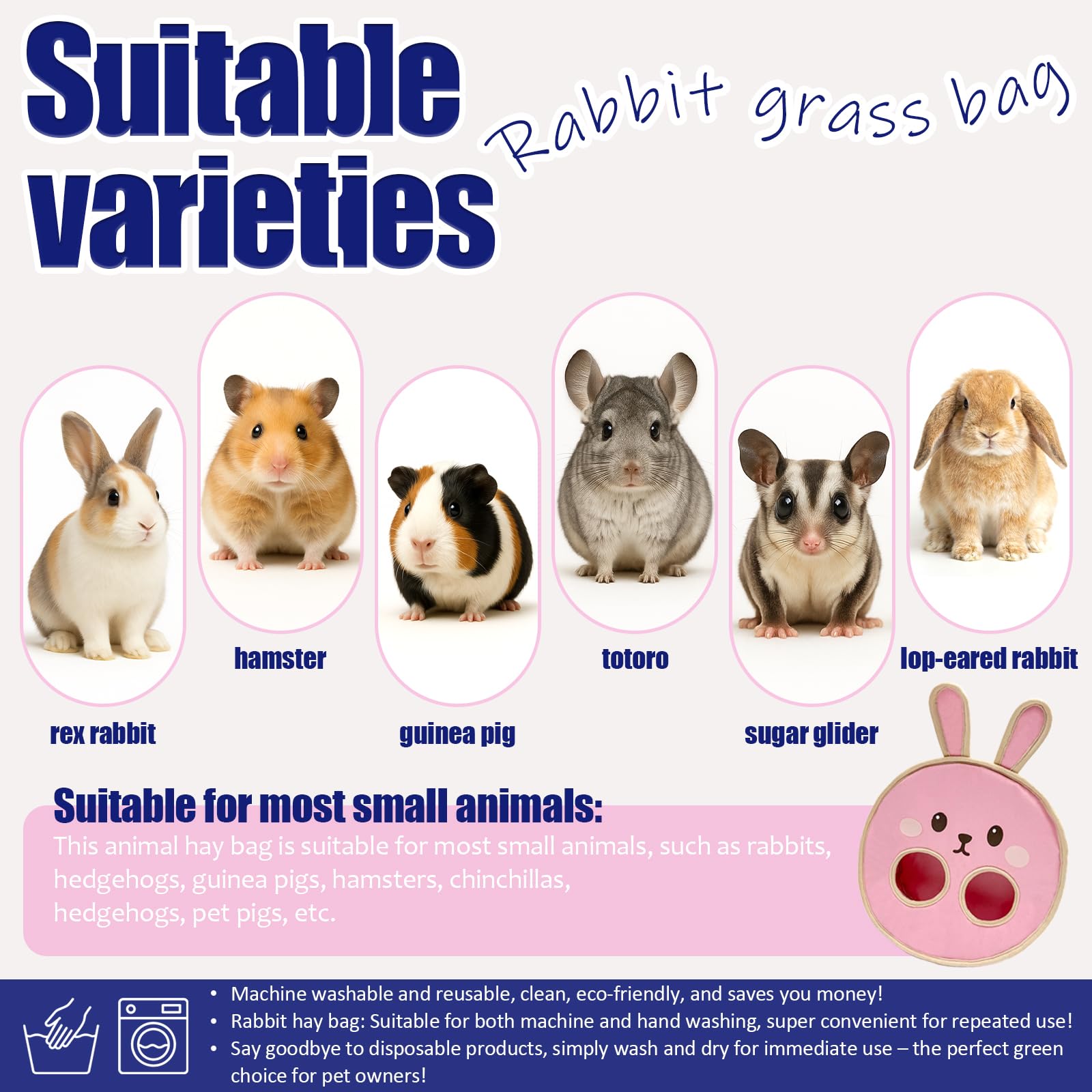 Colemumone Cute Bunny Face Rabbit Hay Feeder Bag, 2 Holes Hanging Hay Holder for Guinea Pig Cage, Durable Oxford Fabric Hay Dispenser for Chinchillas, Hamsters & Small Animals, Pink - image 5