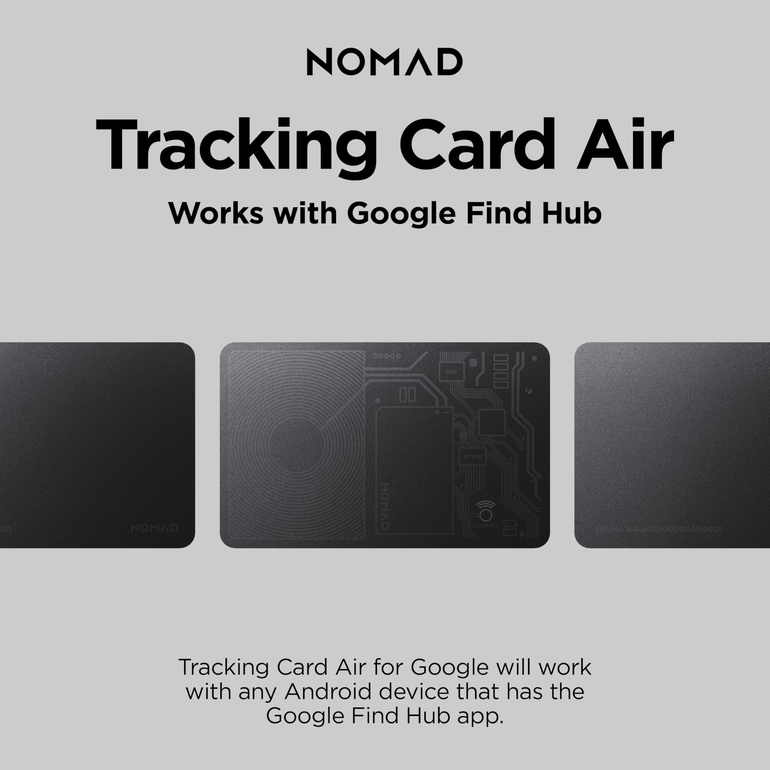 Nomad Scheda di tracciamento Air per Android, sottile, compatibile con Google Find Hub, tracker per carte ricaricabile impermeabile IPX7, batteria 7 mesi, spessore 1,7 mm, Android OS 9 o versioni