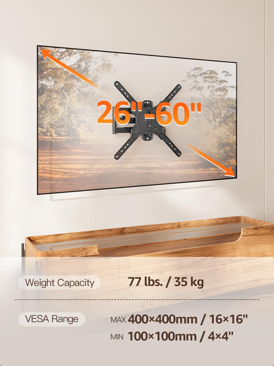 ELIVED Full Motion TV Wall Mount for 26-60" TVs, Max VESA 400x400, 77 lbs. — Amazon image 8
