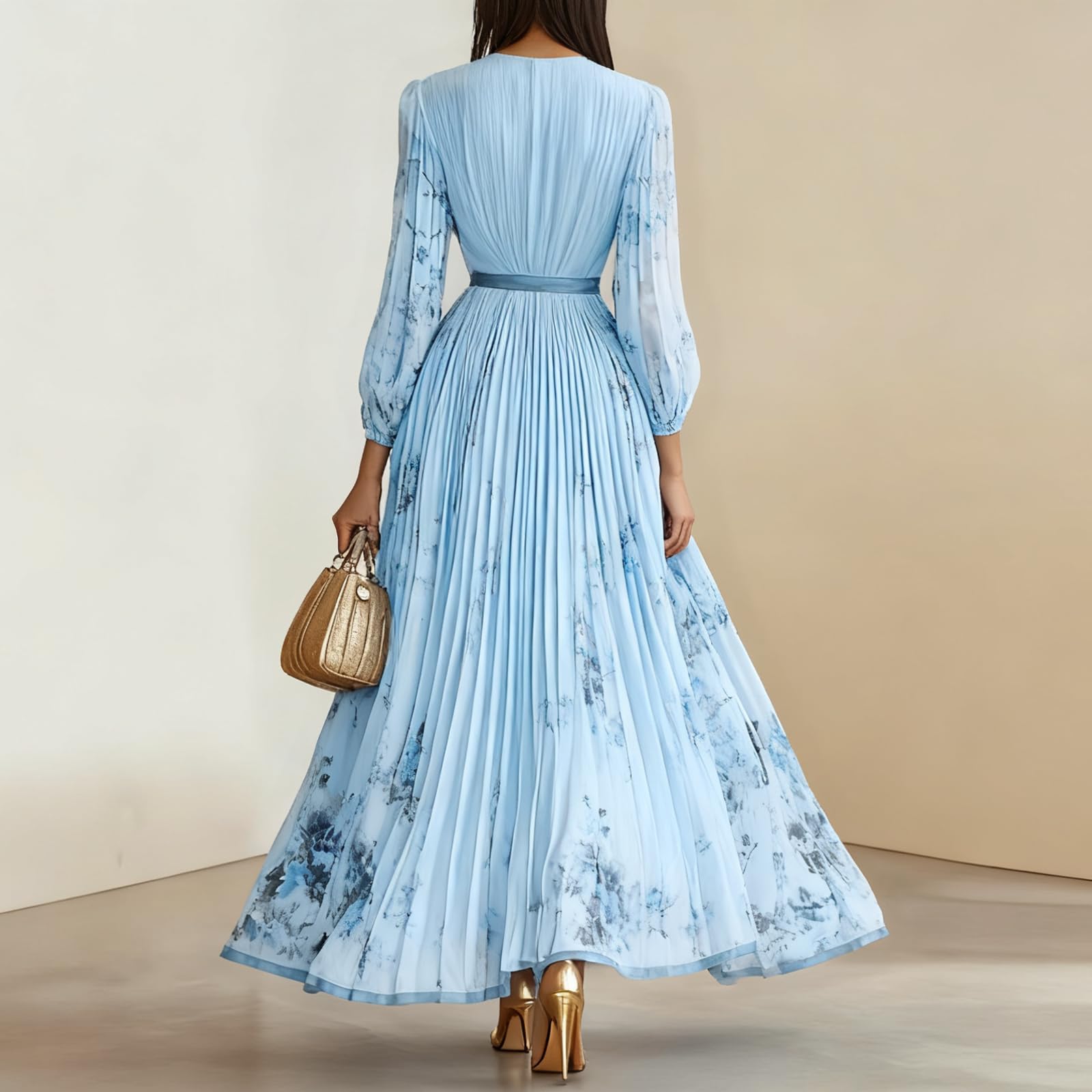 Kleid Hochzeitsgast Damen Curvy Lang Abendkleider Elegant Für Hochzeit Gast Chiffon Festliche Kleider Damen Sommer A Linie Ballkleid V Ausschnitt Tailliert Partykleid Blumen Maxikleider - 3