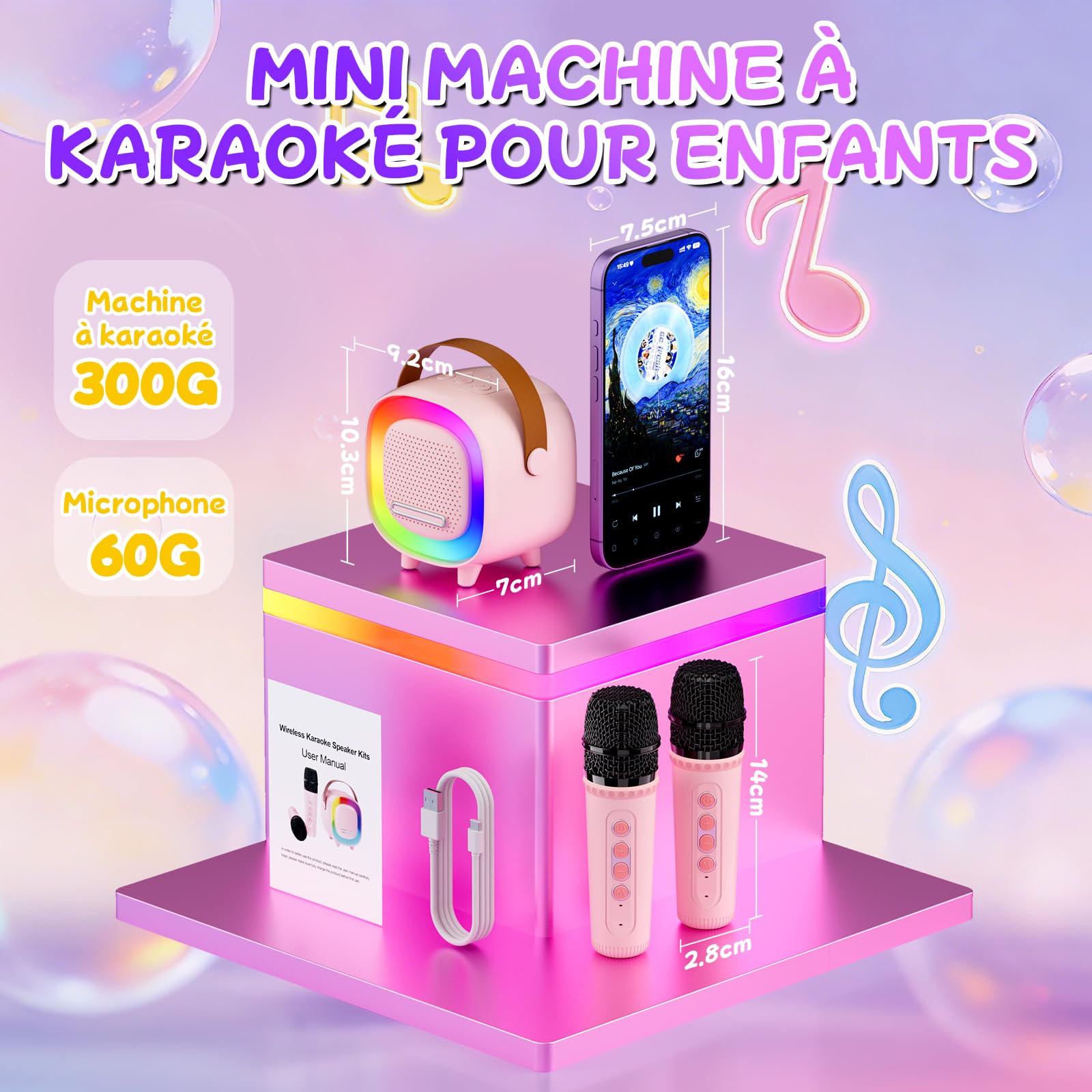 Micro Karaoke Enfant avec 2 Micro sans, 6 Modes D'éclairage avec Effets, Enceinte Bluetooth Portable, Cadeaux d'anniversaire de Noël pour Enfants Jouets pour Enfants 3-12 Ans (Rose)
