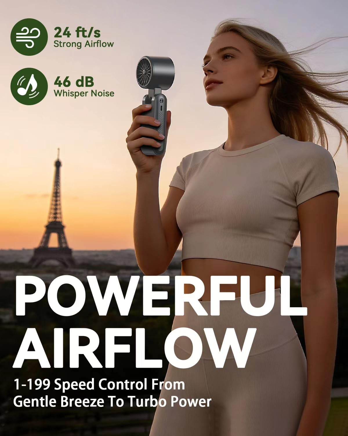 Portable Handheld Fan with Ice Cooling, 7.5m/s High Speed Turbo Fan, 150° Foldable 4-in-1 Personal Neck Fan, 199 Speed Stepless Control, USB-C Rechargeable for Travel, Makeup, Hiking, Black Gold