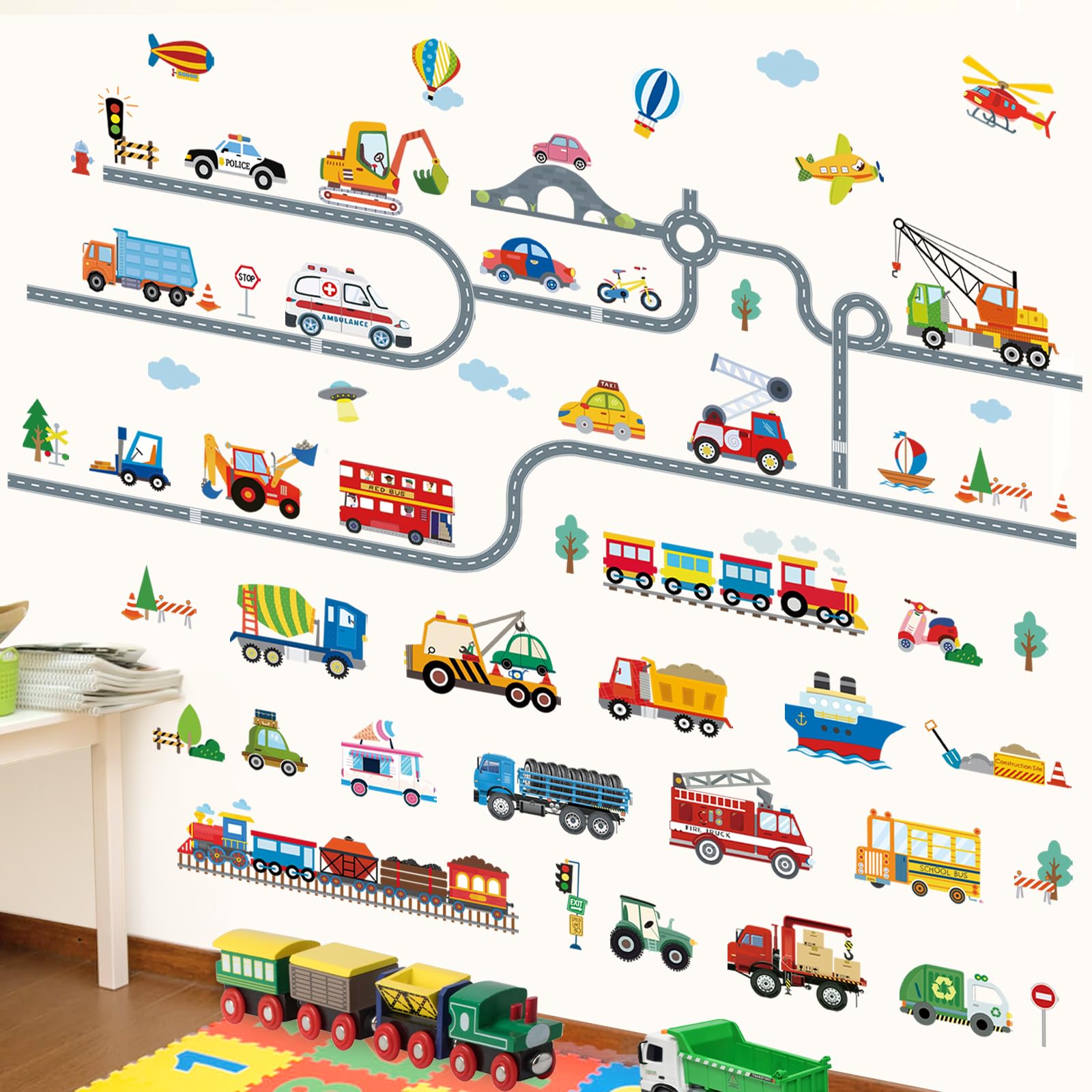 wondever Car Road Wall Stickers Transports Vehicles Truck Construction Peel and Stick Wall Art Decals for Boys Room Kids Bedroom Playroom - Image 2