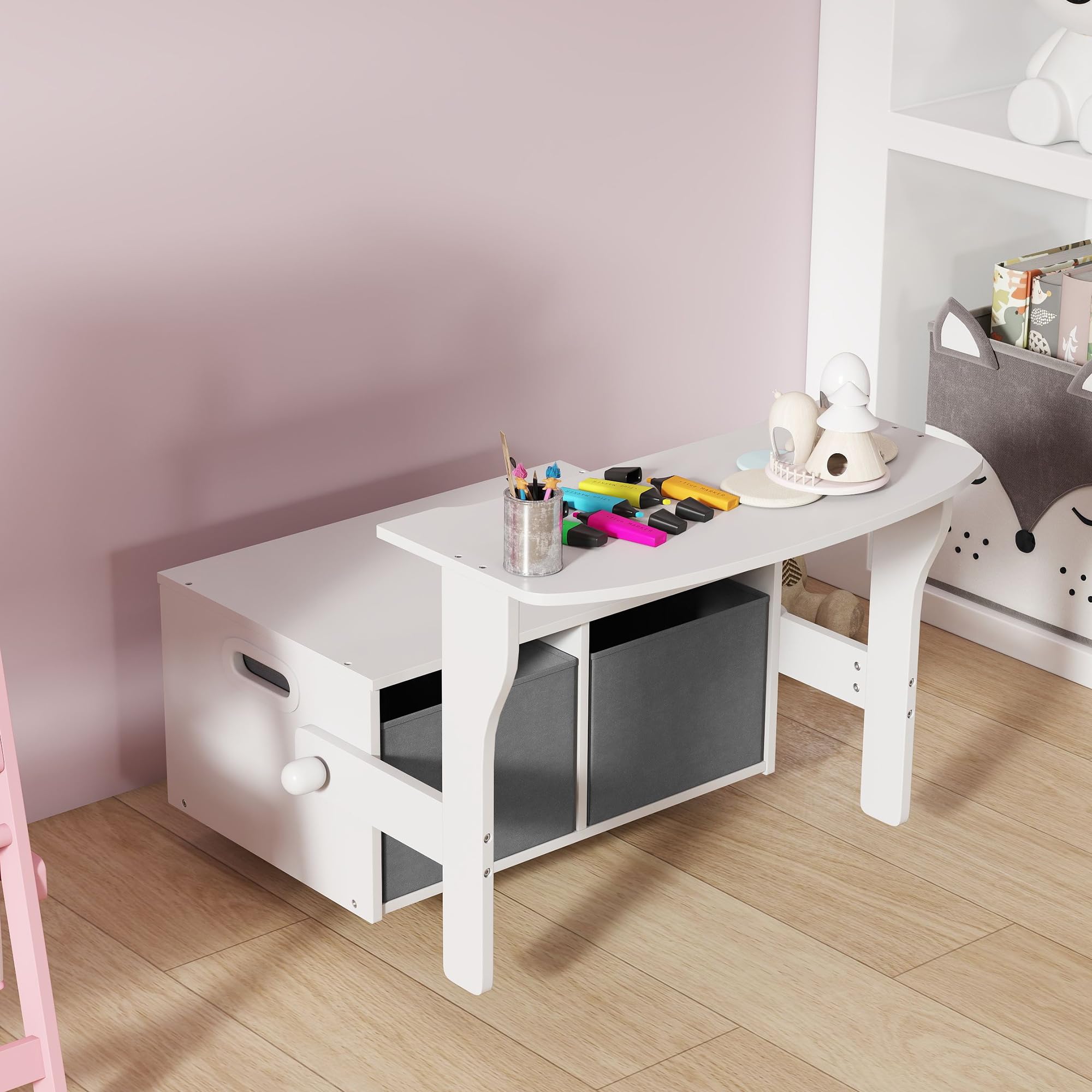 AIYAPLAY Banco Infantil Convertible 3 en 1 Baúl con Mesa 3-6 Años Blanco | Juego de Mesa y Silla, Cubos de Tela Extraíbles, Banco de Almacenaje, Mueble Multifuncional