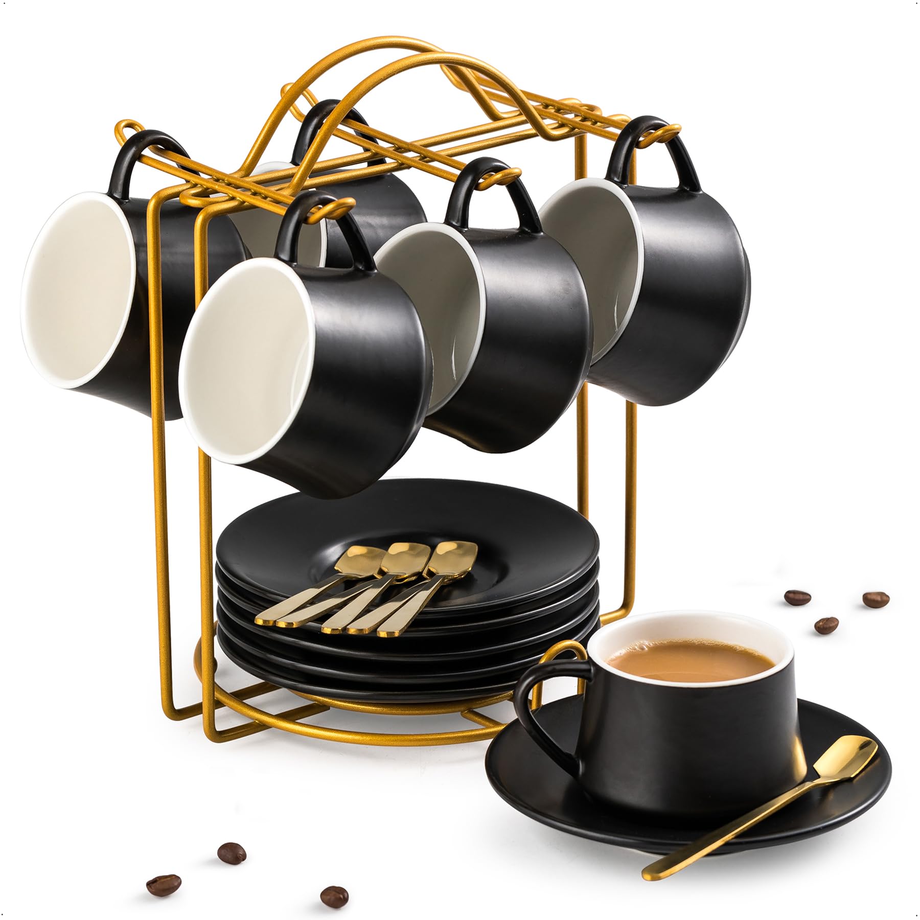 YHOSSEUN Juego de 6 tazas de café expreso de cerámica de 4 onzas con soporte, platillos y cucharas, tazas de café pequeñas Demitasse para el día del padre, accesorios de espresso para máquina, color
