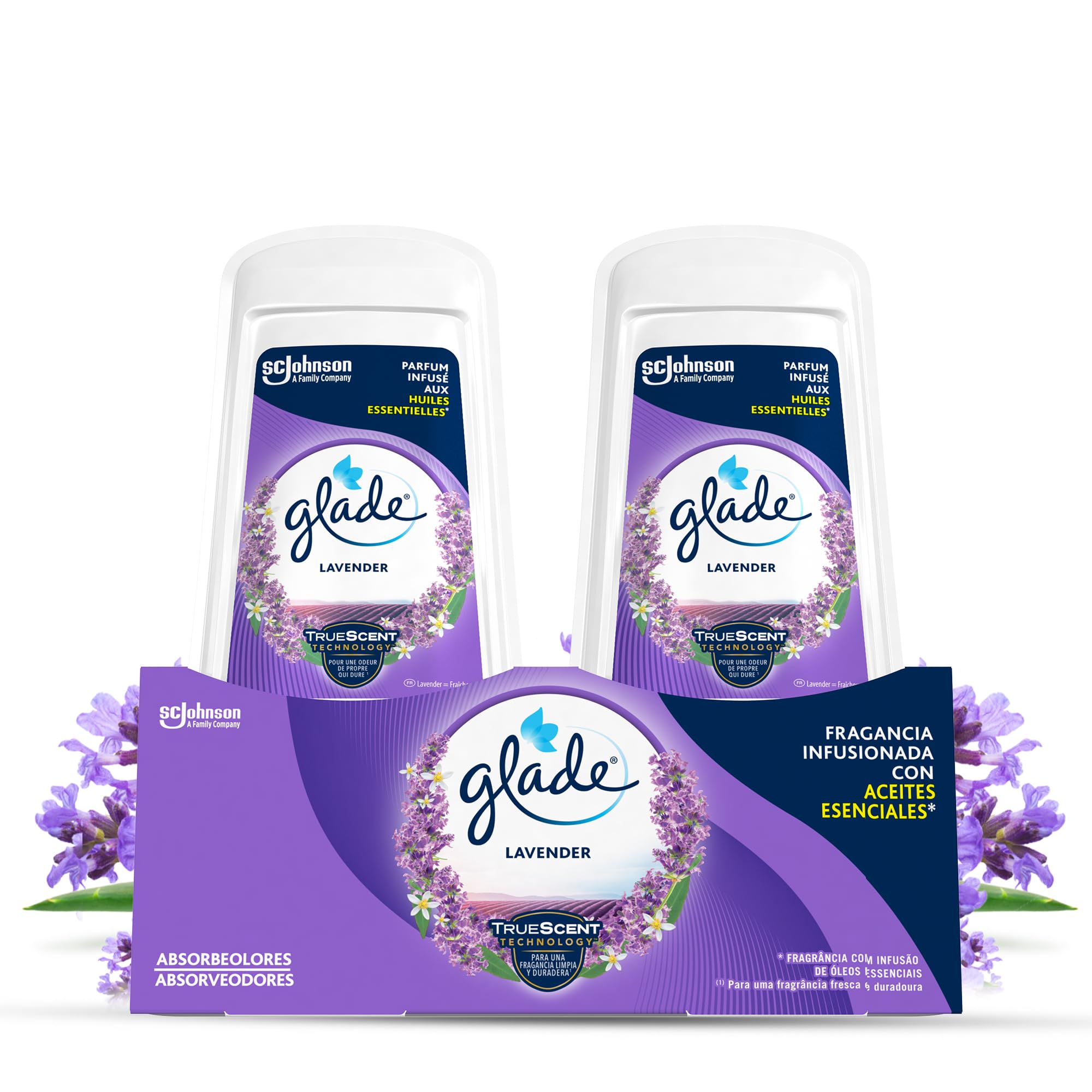 Glade Ambientador Gel Absorbeolores Lavanda, con Aceites Esenciales, Dura Hasta 60 Días, Pack 2 Unidades