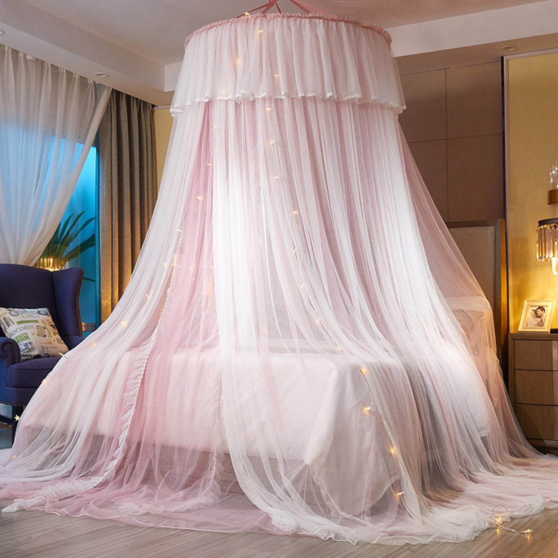 Baldaquin de lit Princesse pour Filles Rideau de baldaquin Double Couche Voile Transparent Dôme Rideau de lit en Dentelle Ronde Moustiquaire deTente pour décoration de Chambre(Rose/Blanc)