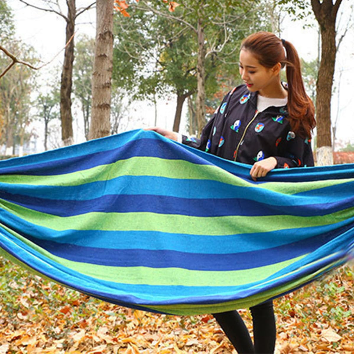 FOMIYES Hamaca y Bolsa de Transporte de Lona Doble Grosor con Dos Cuerdas de Sujeción Ligera y Segura para Exteriores para Camping y Jardín