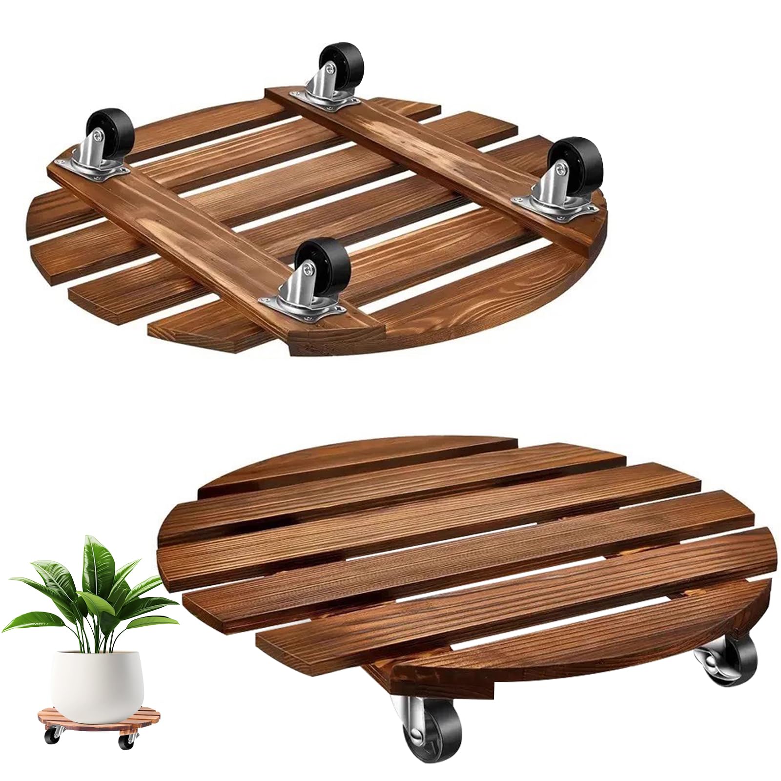 Lot de 2 Porte Plantes à roulettes 30,5 cm, Rond en Bois avec Roues Pivotantes et Verrouillables, Capacite 120kg, Chariot Mobile pour Pots de Fleurs Lourds, Usage Intérieur et Extérieur