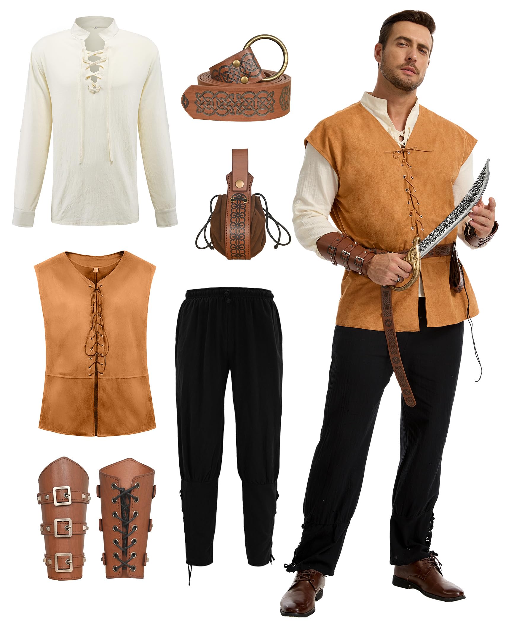 Herren Mittelalter Viking Kostüm,6 Stück Renaissance Kostüm Set, Mittelalterliche Kleidung für Halloween, Karneval, Cosplay