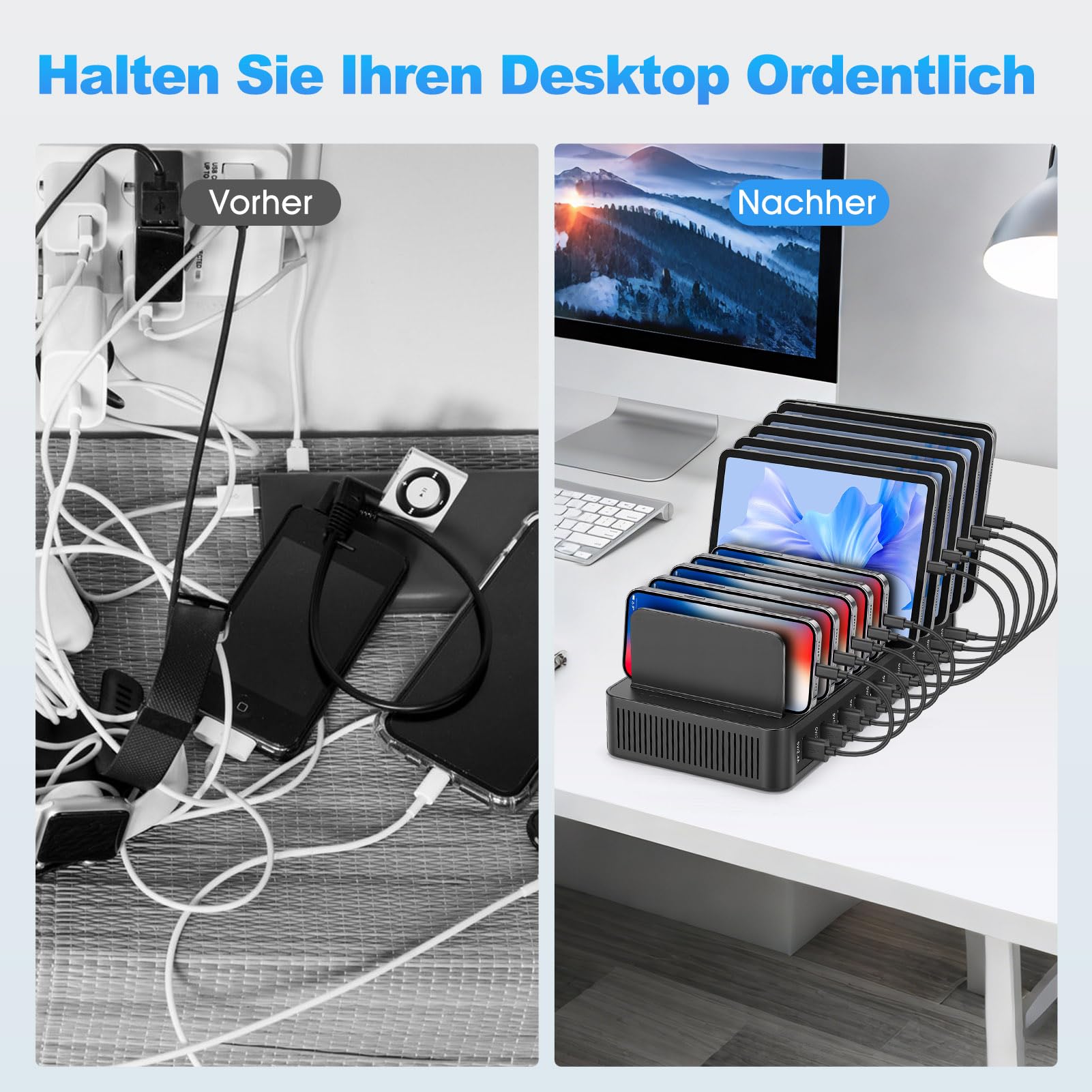 USB Ladestation Mehrere Geräte,10 Ports Ladegerät mit Trennwänden,Schwarz