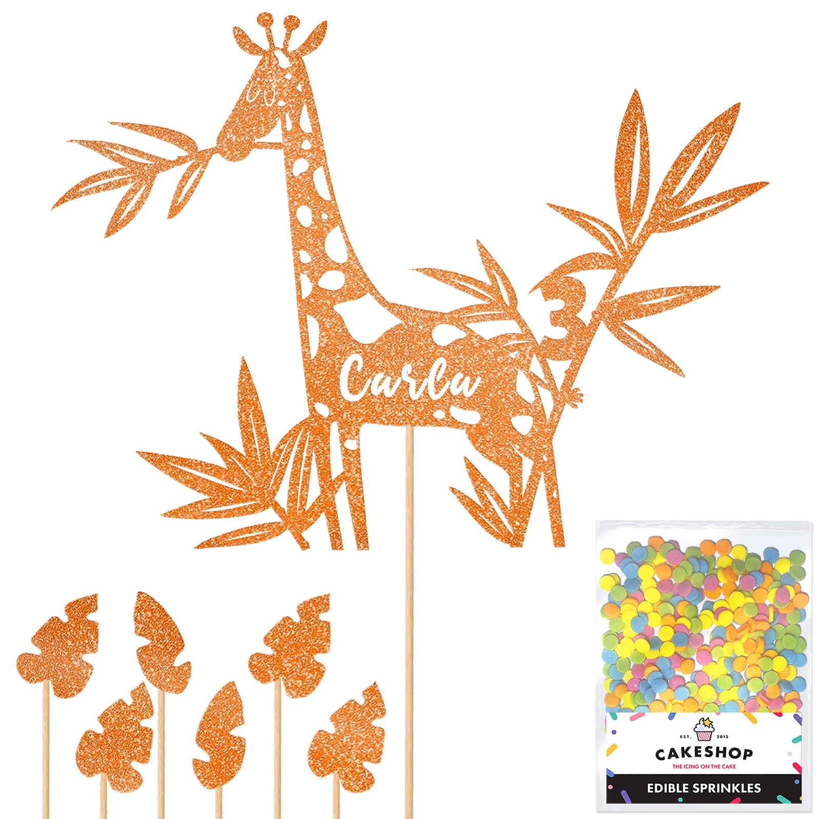 Personalised Birthday Jungle Giraffe Glitter Cake Topper- Orange Any Custom Age & Name Glitter Cake Decoration and Sprinkles - Happy Birthday Decorations - Personalised Toppers for Cakes by Cakeshop — image 1