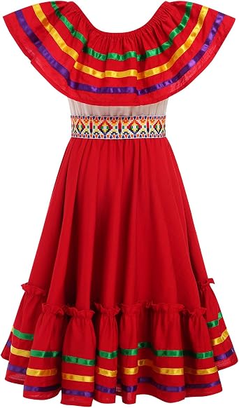 IKADEX Girls Traditional Mexican Dress Off Shoulder Striped Cinco de Mayo Party Dresses with Belt
