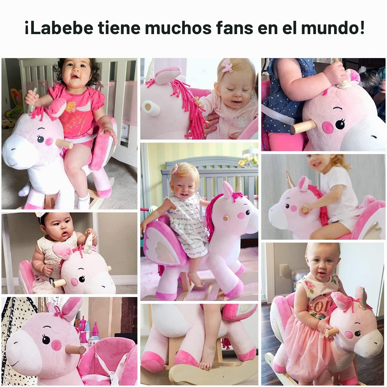 Labebe - Unicornio Rosa Mecedora Caballo Balancín para Niña 1-3 Años, Juguete de Madera y Peluche con Columpio