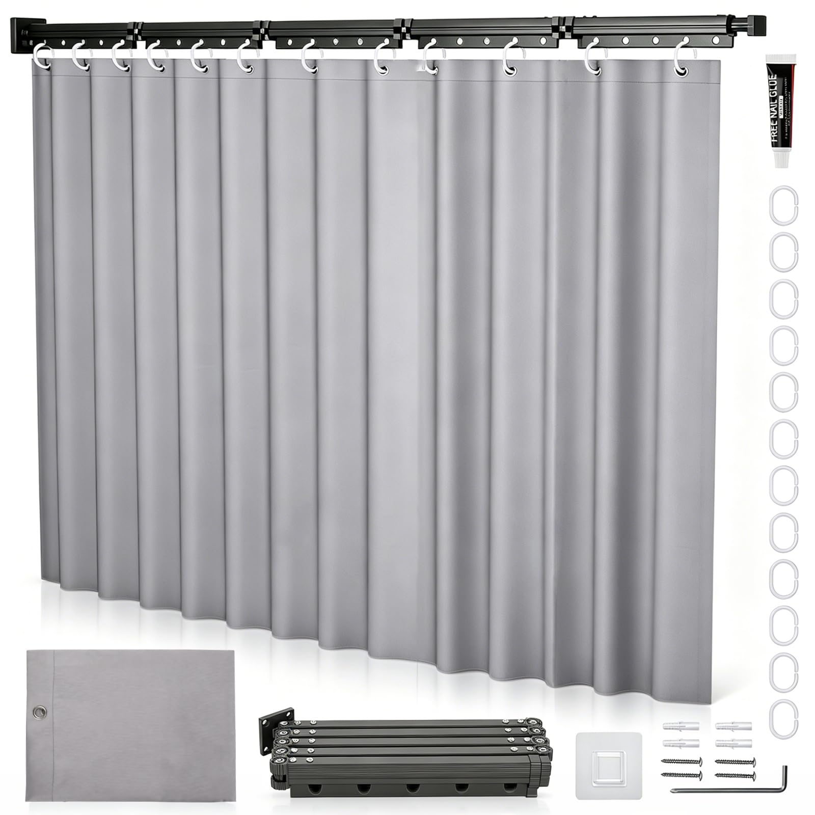 Tringle à rideau de douche pliable sans perçage - 1,8 m x 2 m - Avec tringle - Imperméable - Pliable 4/5 voies (Tringle à rideau de douche noire - Rideau de douche gris)