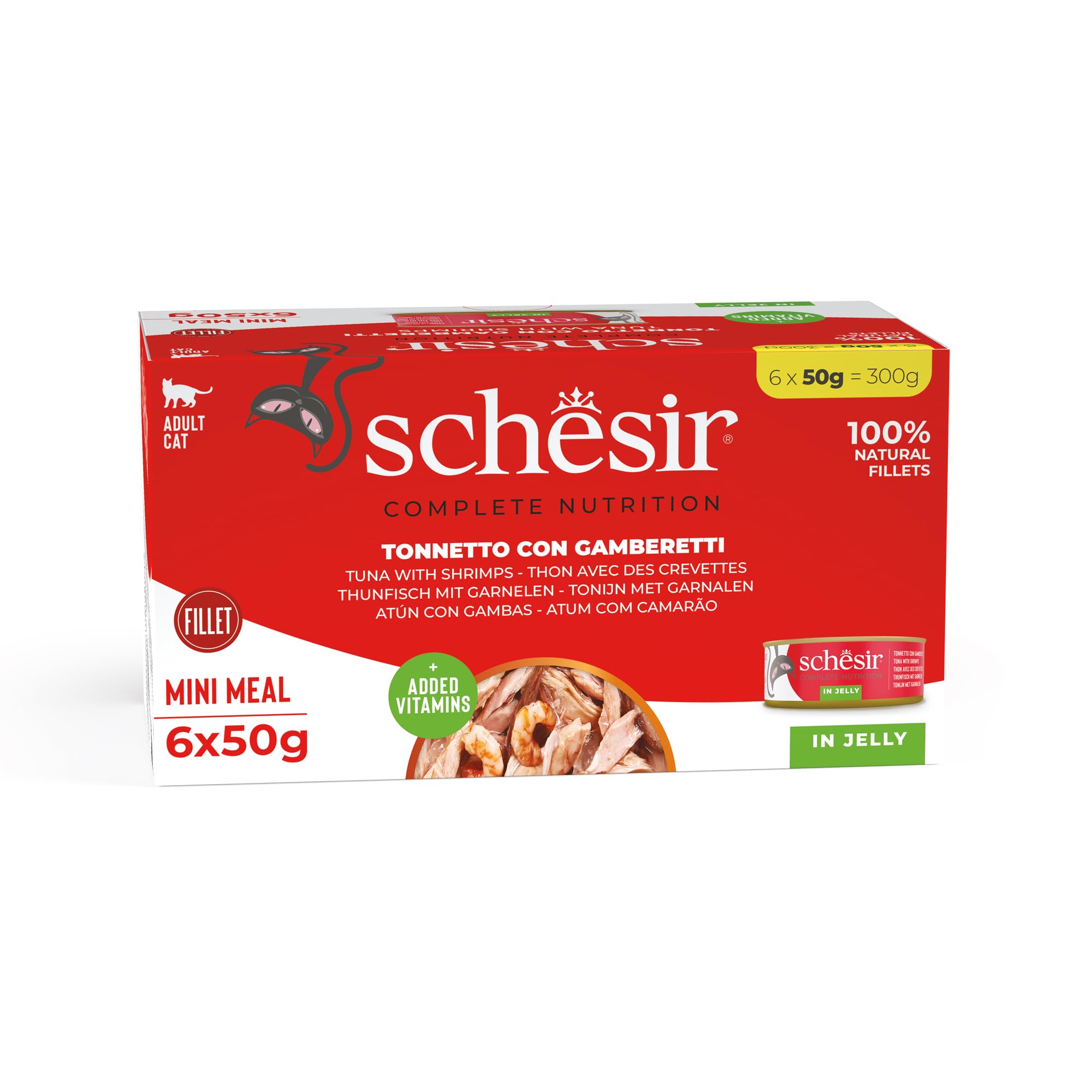 Schesir, Atún con Camarones En Gelatina, Alimento Húmedo Completo para Gatos, con Vitaminas Añadidas, 100% Natural, Cruelty-Free, 6 X 50g
