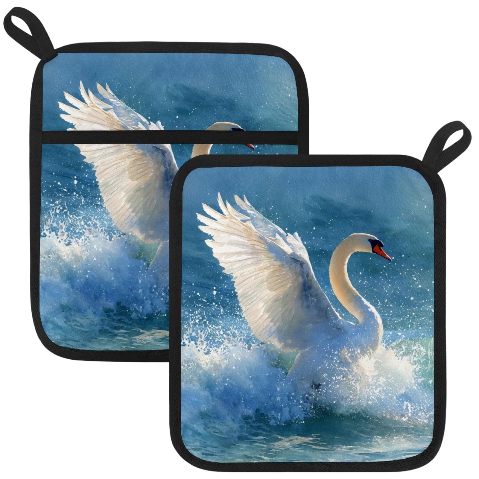 VAPOKF Swan Heat Resistant Pot Holders, Thick Pot Holders Pad with Hanging Loop for Kitchen, Oven Cloth Pads for Kitchen Baking Microwave Oven