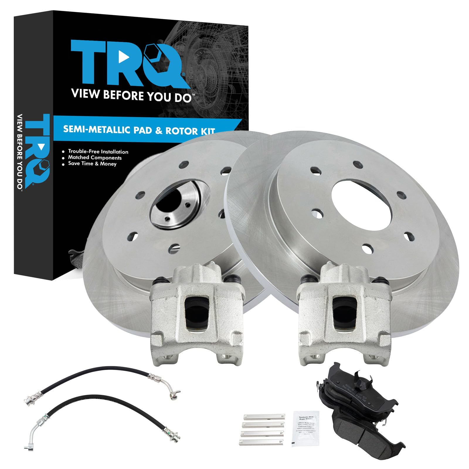 TRQ Rear Brake Pad and Rotor Set Semi Metallic Rotors Calipers Compatible with 2004-2010 Infiniti QX56 2004 Nissan Pathfinder Armada 2005-2015 Nissan Armada