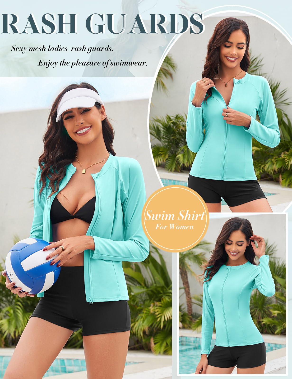 Tuopuda Camiseta de natación para Mujer Traje de baño de Manga Larga con Cremallera Camiseta de Surf Protección Solar Surf Rashguard Camisetas Deportivas de Secado Rápido
