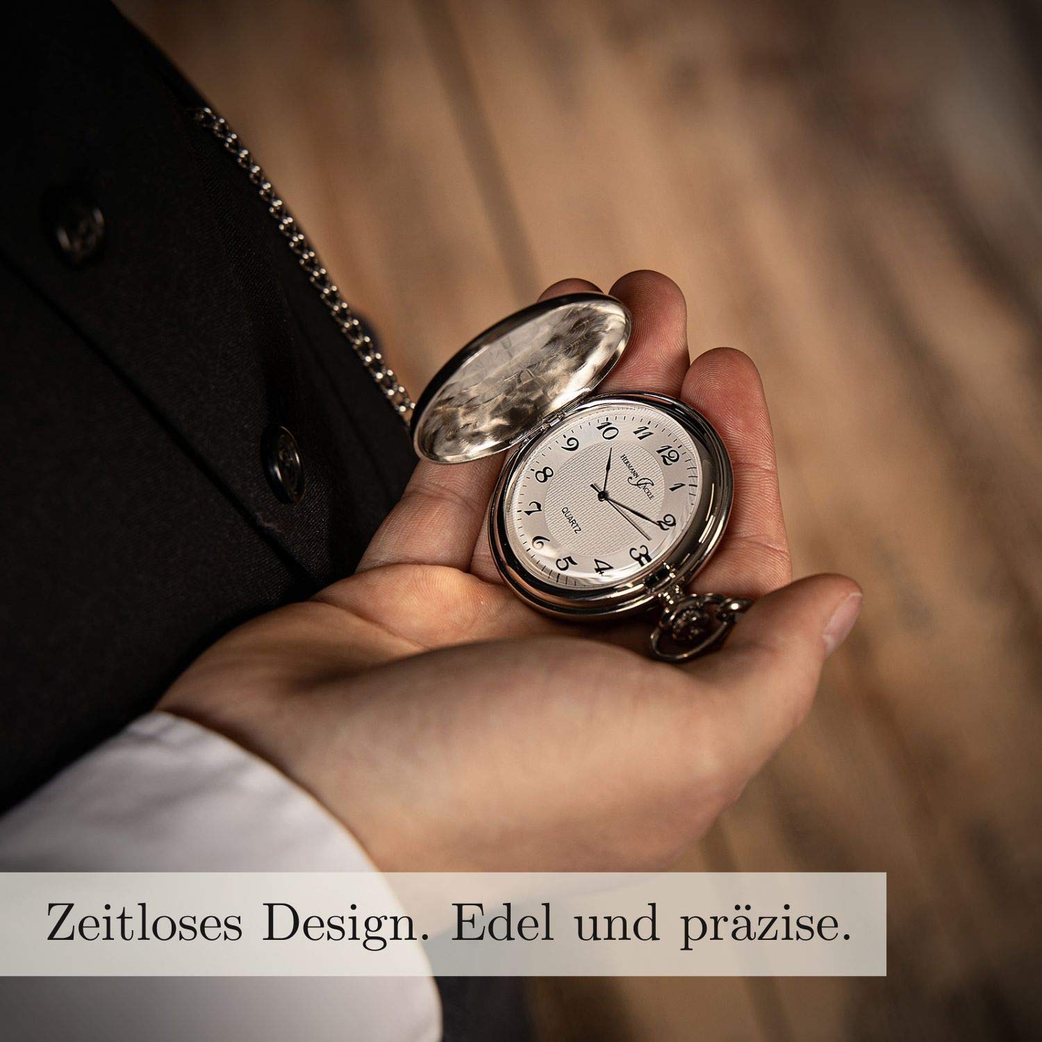 Hermann Jäckle Herren Taschenuhr Todtnau Quarz Silber 50 mm | Quarzwerk, Sprungdeckel, großes Zifferblatt mit arabischen Zahlen, inklusive Kette und Reiseetui