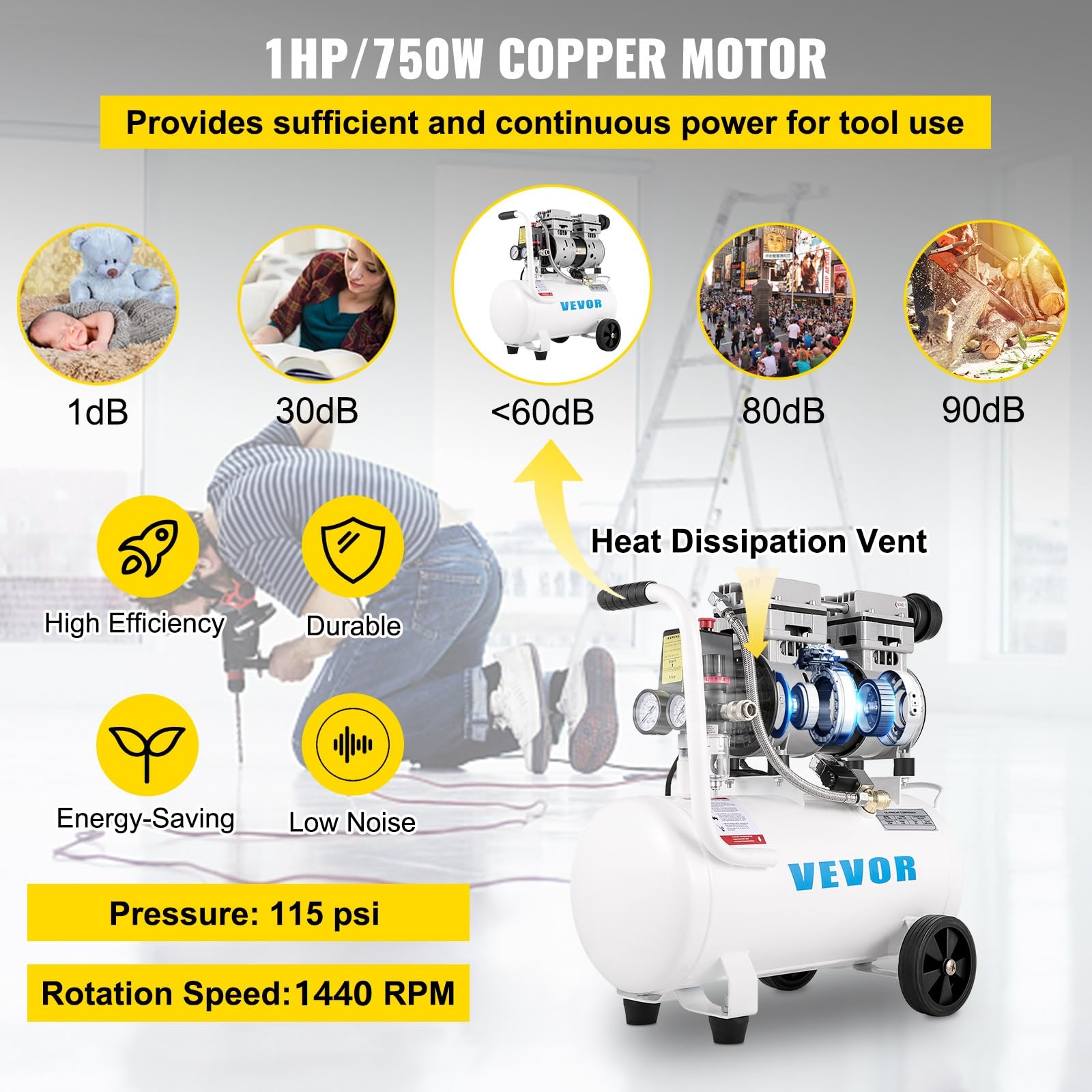 VEVOR Compressore Silenzioso 750W, Oil-free 25 L, Pressione 8 Bar, 220V, Compressore d'Aria Portatile, Rumorosità: 68 dB, per Esigenze di Gonfiaggio