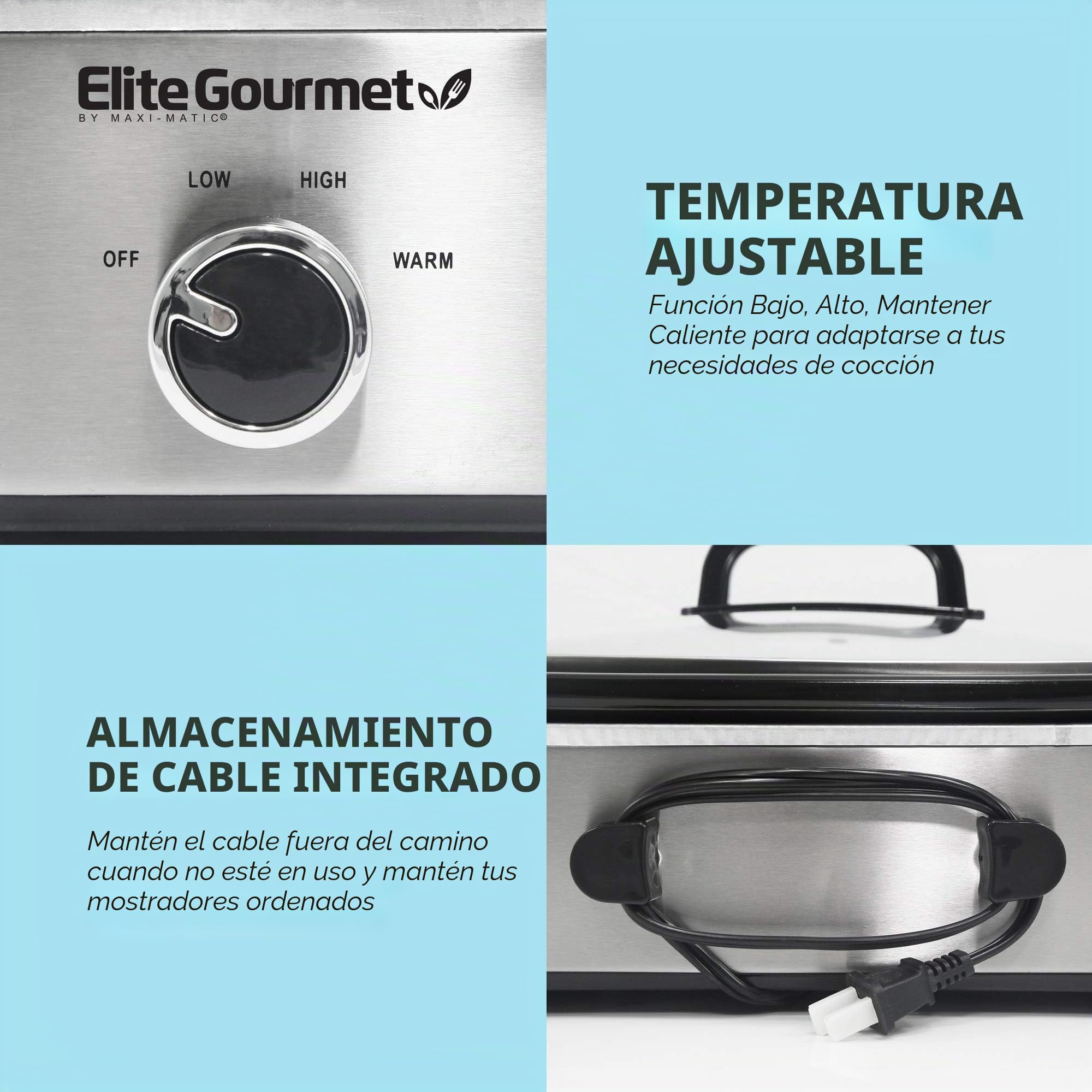 Elite Gourmet MST-5240SS Olla de cocción lenta 3.3 litros acero inoxidable tapa bloqueo temperatura ajustable