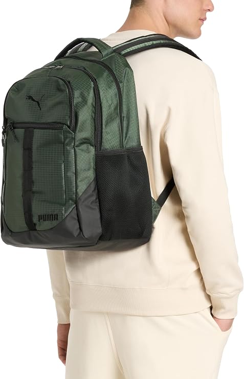 PUMA Strategy Ripstop Backpack with Padded Adjustable Straps, Laptop Sleeve & Water Bottle Pockets, Black/White, One Size
