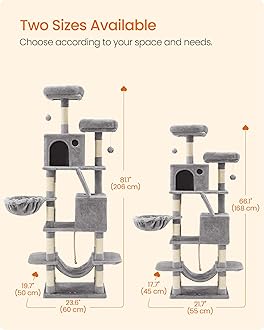 Feandrea Cat Tree, 168 cm Large Cat Tower Condo with 13 Scratching Posts, 1 Scratching Ramp, 2 Perches, 2 Caves, Basket, Hammock, Pompoms, Light Grey PCT165W01V1