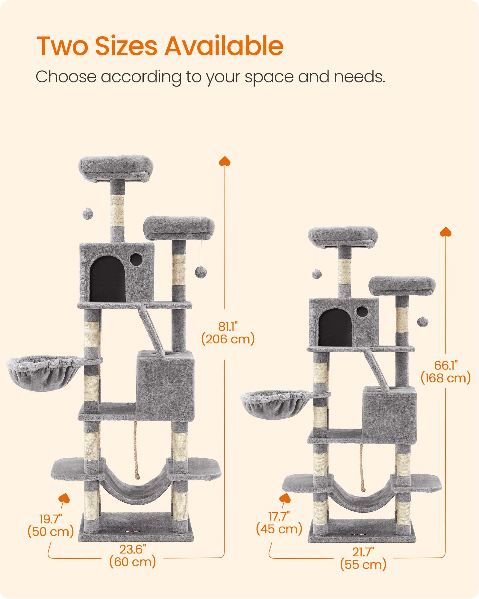 Feandrea Cat Tree, 66.1-Inch Large Cat Tower with 13 Scratching Posts, 2 Perches, 2 Caves, Basket, Hammock, Pompoms, Multi-Level Plush Cat Condo for Indoor Cats, Light Gray UPCT165W01