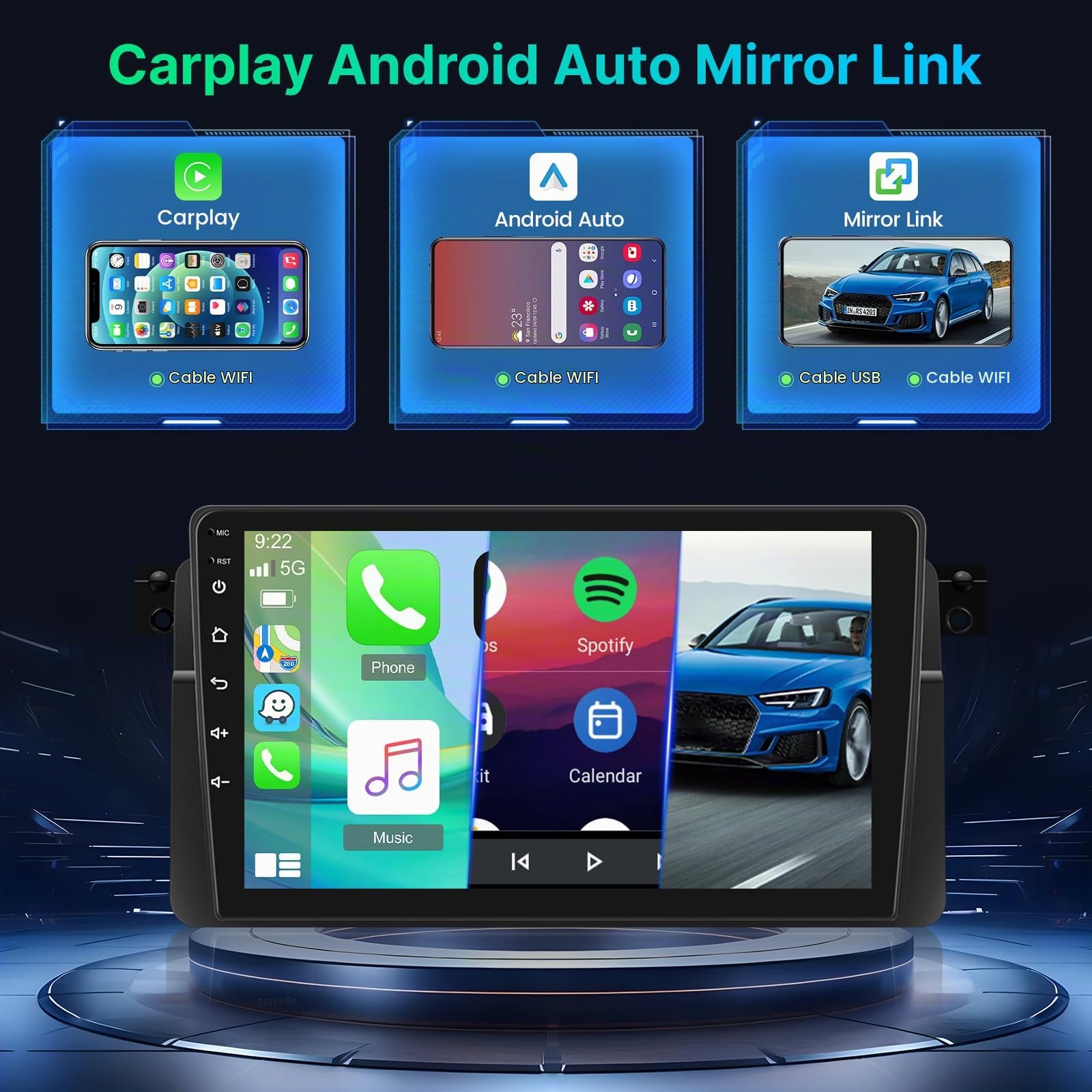 [2+64G] Android Radio de Coche para BMW E46 Series 3 1999-2005 con Inalámbrico Carplay & Android Auto - Radio con Pantalla Táctil de 9 Pulgadas con WiFi DSP FM/RDS Radio SWC + Cámara de Seguridad AHD