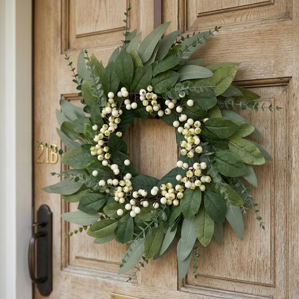 24 Inch Spring Wreaths for Front Door, Artificial Eucalyptus Greenery Wreath with White Berries, Large Farmhouse Door Wreath for Summer Year-Round Outdoor Indoor Wall Decor