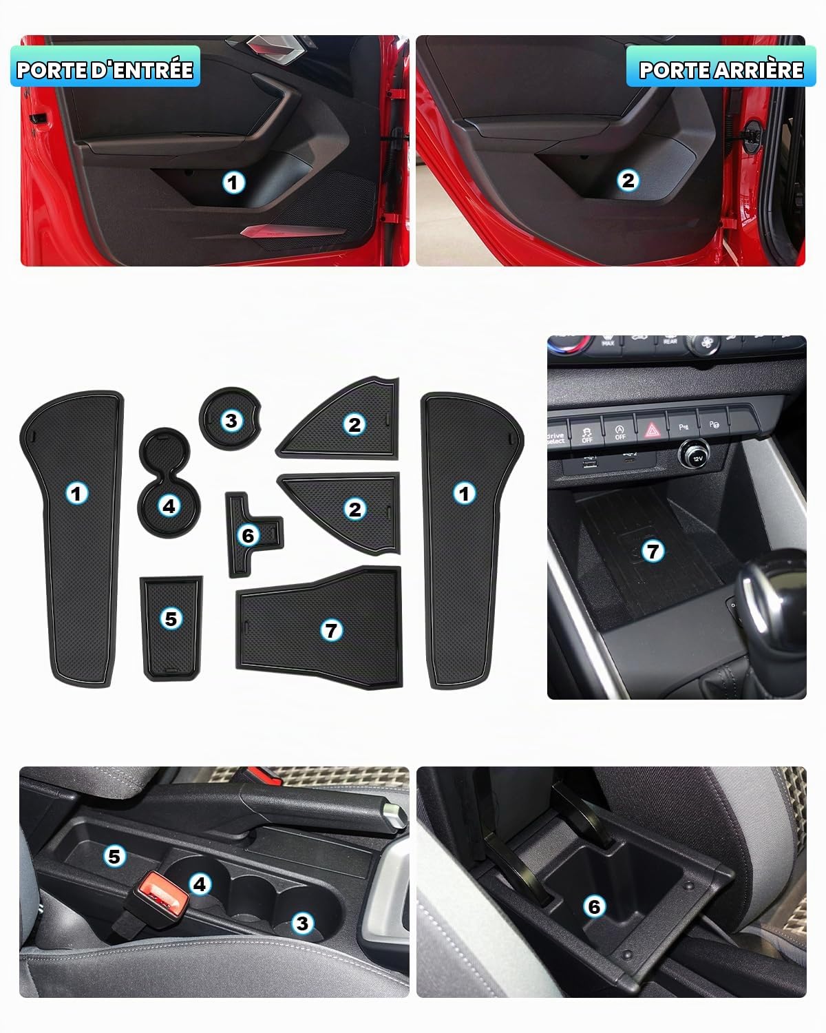 CDEFG Compatible avec Audi A1 GB 2019-2024 2025 Tapis Anti-poussière Antidérapante, A1 GB Porte Intérieure Tasse Boîte de Bras Tapis de Stockage A1 Sportback 2025 Accessoires (Noir)