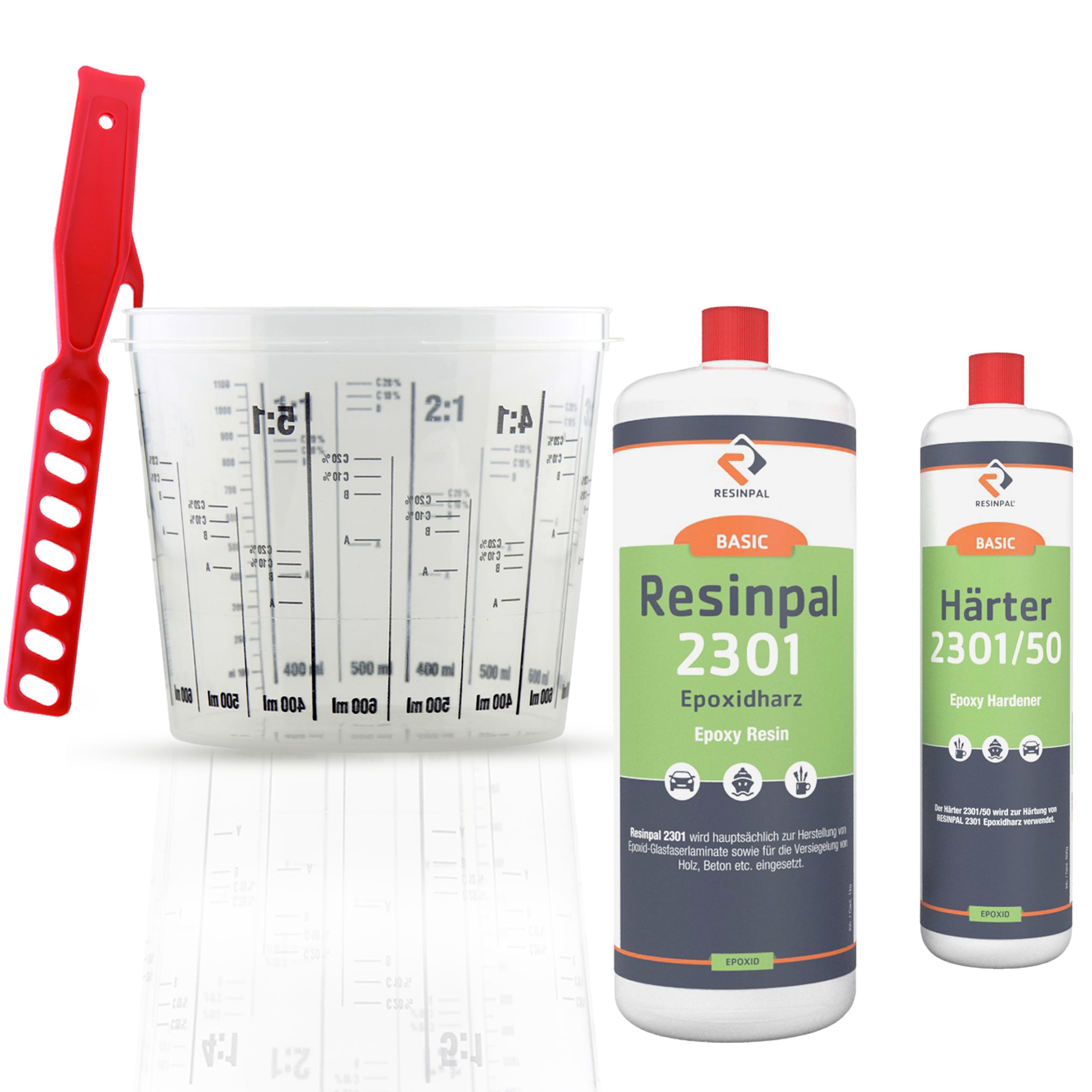 Epoxonharz Resinpal 2301 mit Härter + Mischbecher + Rührstab | 1,5 kg Epoxy Set | Transparent & Glasklar | Zum Laminiere