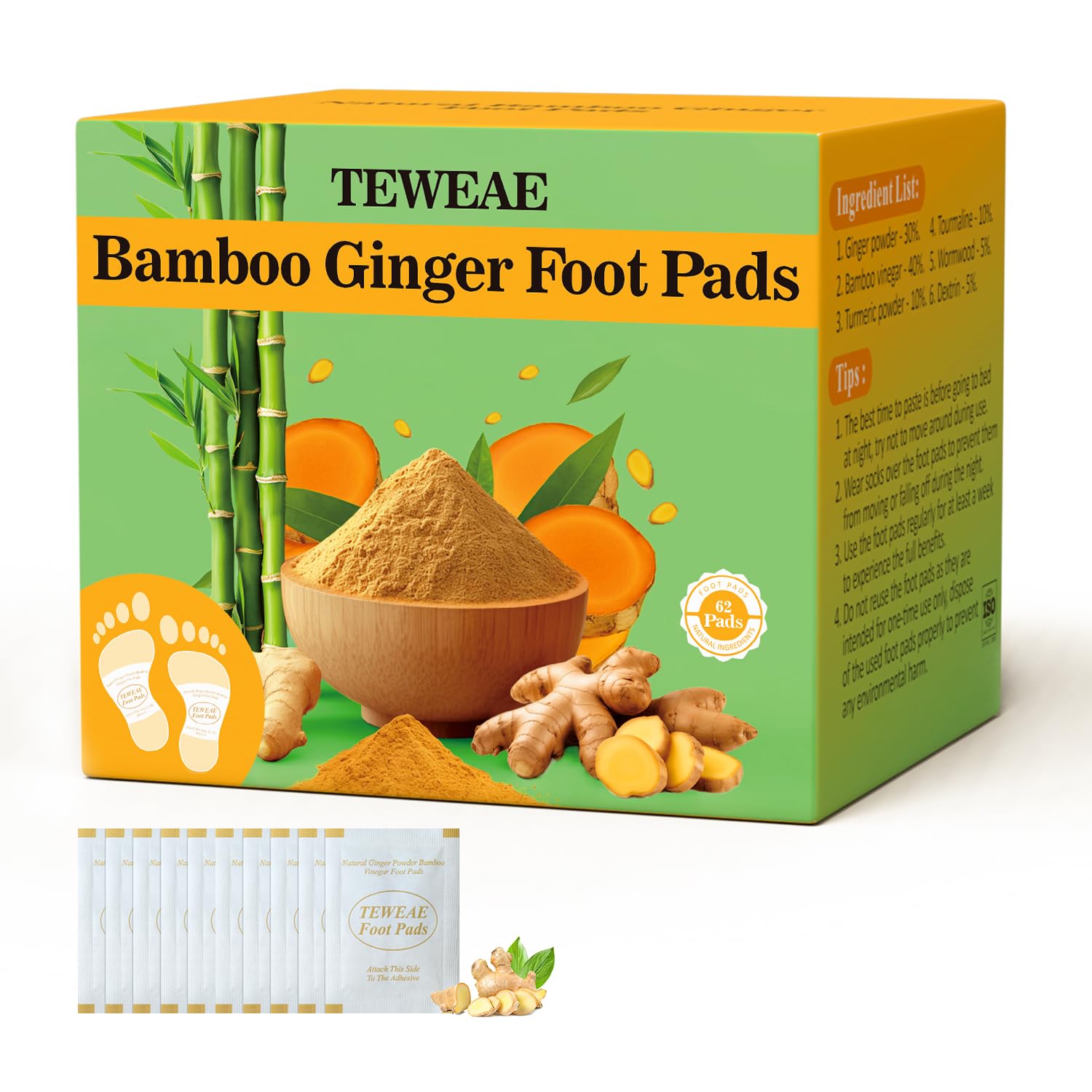 TEWEAE 62-Count Ginger Foot Pads, Bamboo Vinegar &amp; Mugwort Foot Patches to Sleep Better | Stress &amp; Fatigue Relief | Relaxation Foot Spa for Tired Feet | Use During Sleep